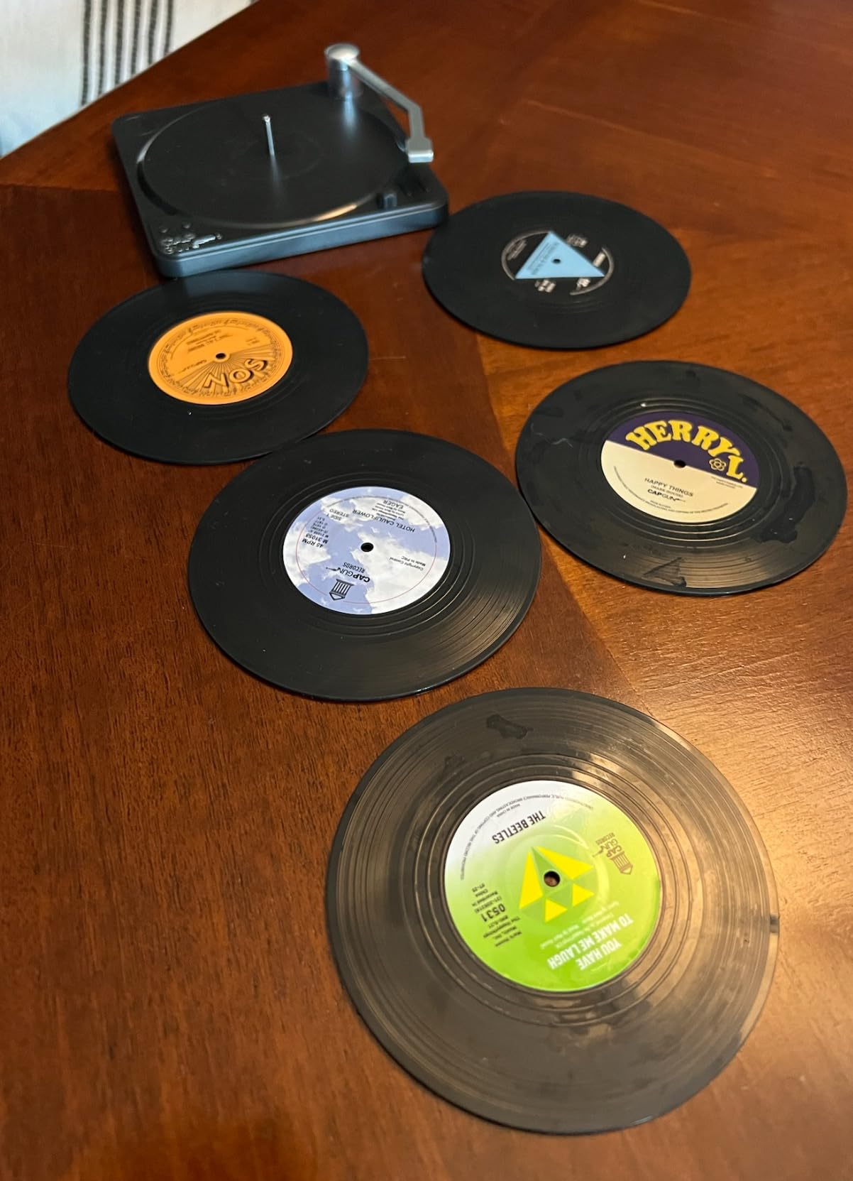 Funny Retro Record Coasters for Drinks with Vinyl Player Holder for Music Lovers,Set of 6 Conversation Piece Sayings Drink Coaster - Customer Photo 2