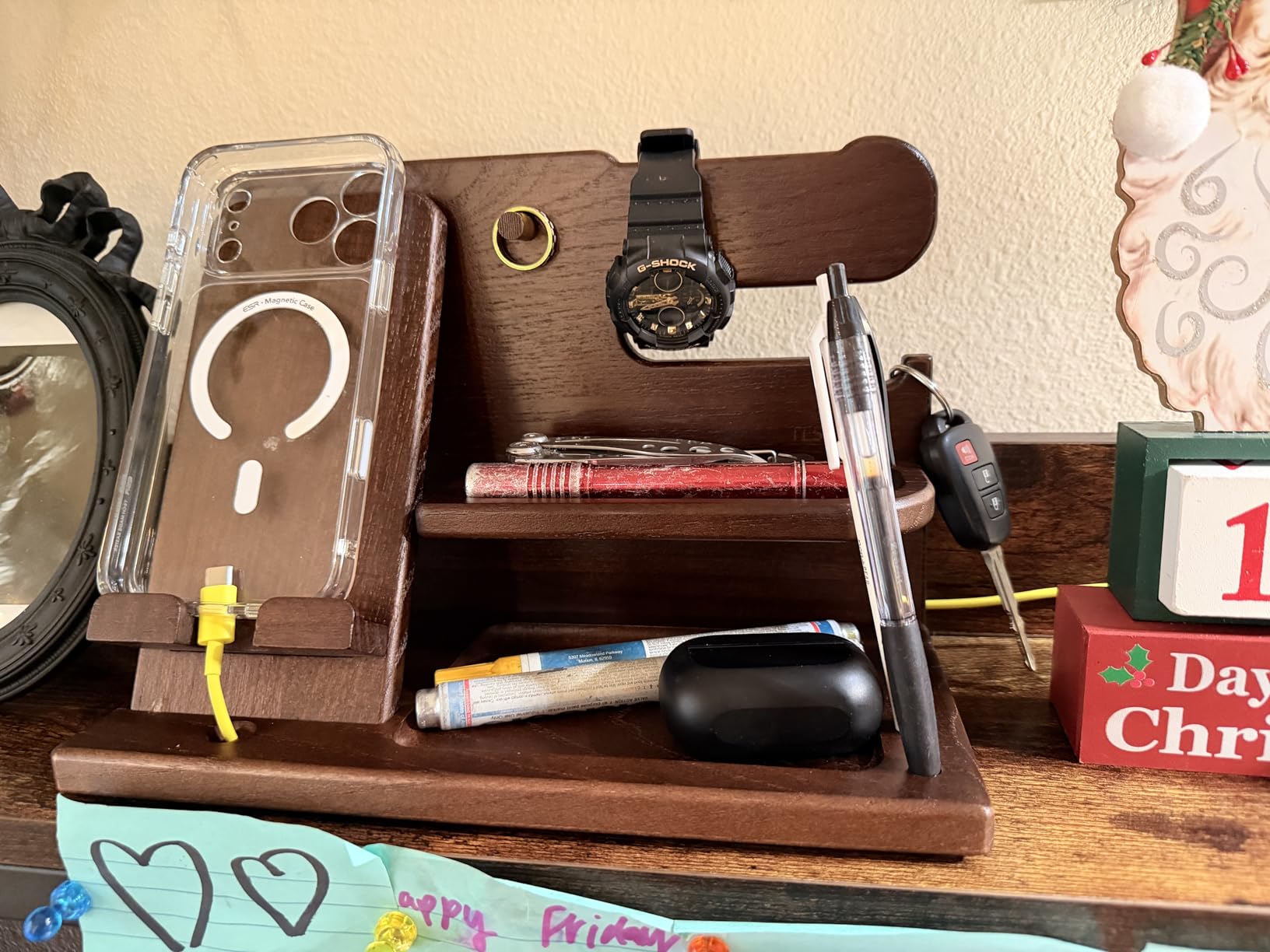 TESLYAR Wood Phone Docking Station for Men - Desk or Nightstand Organizer - Birthday Gifts for Husband, Dad - Anniversary Idea from Wife - Key Holder, Stand Wallet, Watch & Essentials (Bourbon Brown) - Customer Photo 1