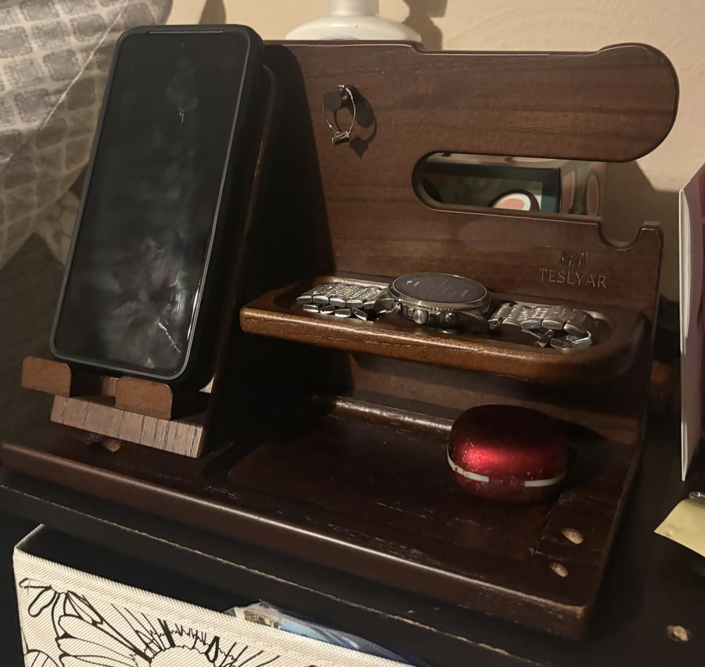 TESLYAR Wood Phone Docking Station for Men - Desk or Nightstand Organizer - Birthday Gifts for Husband, Dad - Anniversary Idea from Wife - Key Holder, Stand Wallet, Watch & Essentials (Bourbon Brown) - Customer Photo 3