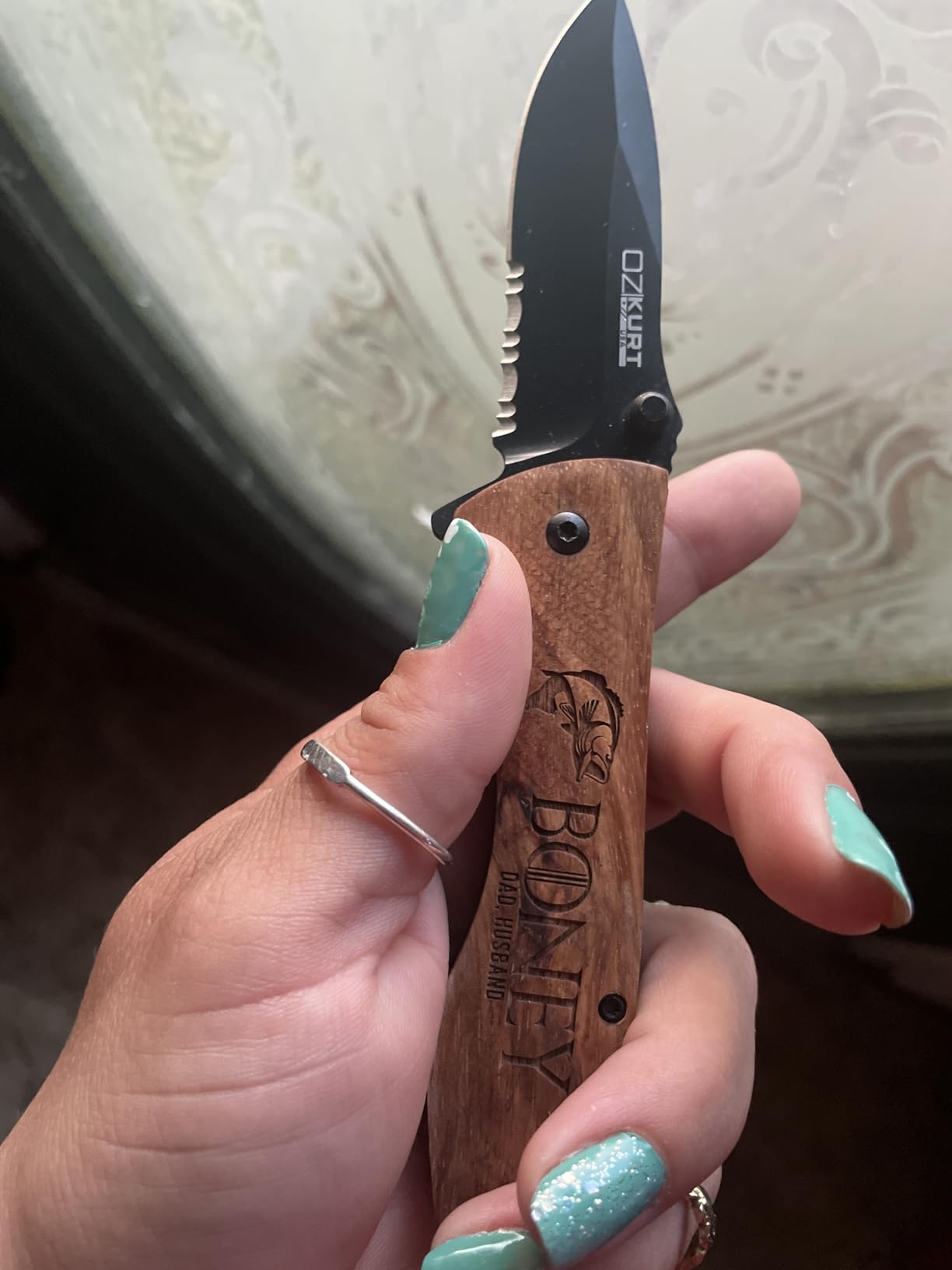 Gifts for Men, Personalized Engraved Oak Wood Pocket Knife - 36 Icons, 20 Stylish Font - Custom Pocket Knives - Customer Photo 2