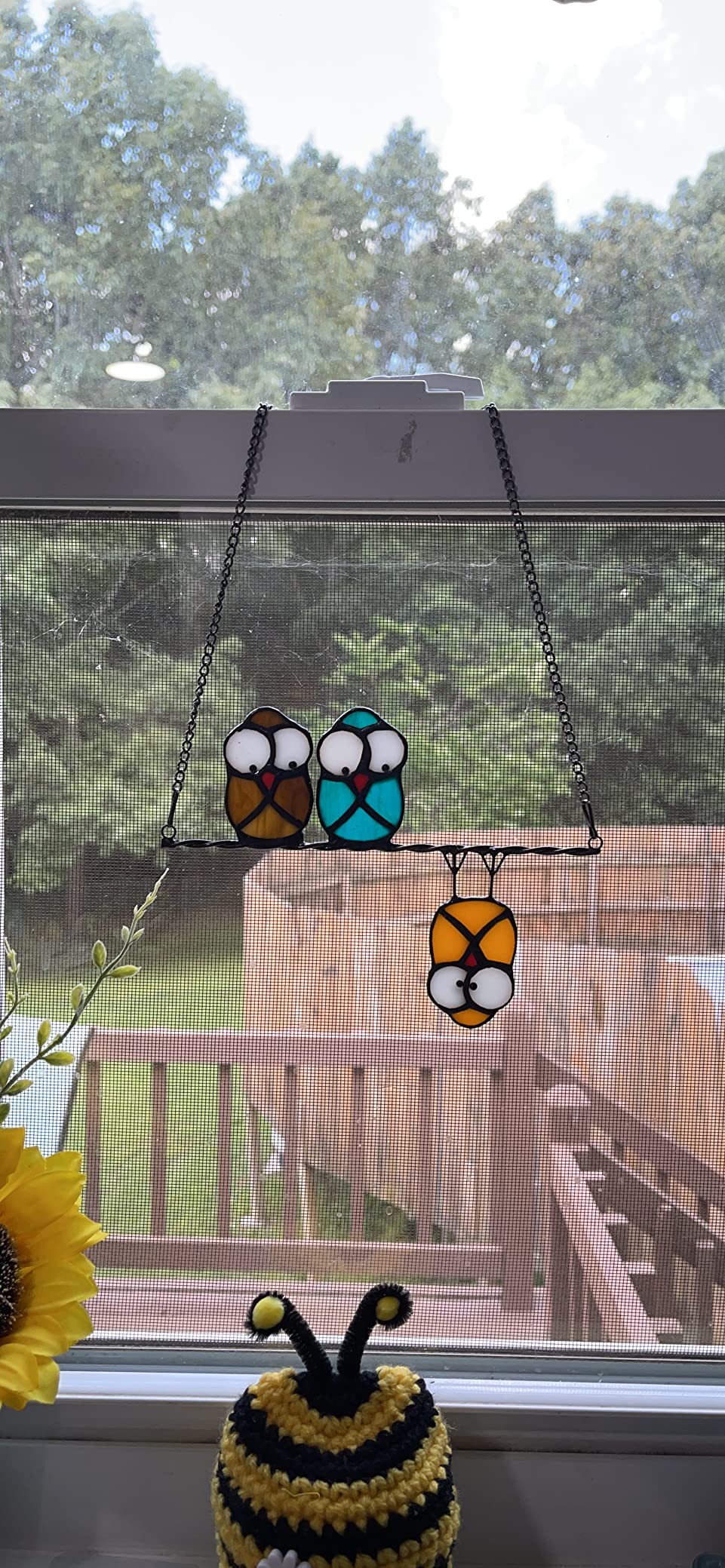 Multicolor Owls on a Wire High Stained Glass Suncatcher Panel, Bird Suncatcher for Windows Doors Room Home Decoration Hummingbird Ornamentand Gifts for Bird Lovers - Customer Photo 2