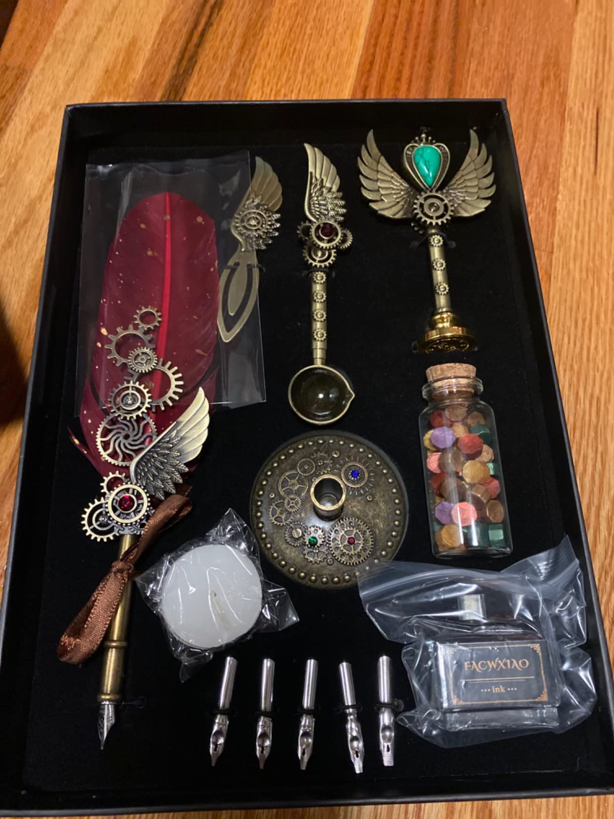 Quill Pen Set, Feather Pen, Ink, Bookmarks, Seals, Nibs, Wax Bead, Envelopes, Writing Paper, Gift Box, Red Customer Review Quill Pen Set, Feather Pen, Ink, Bookmarks, Seals, Nibs, Wax Bead, Envelopes, Writing Paper, Gift Box, Red - Customer Photo 0