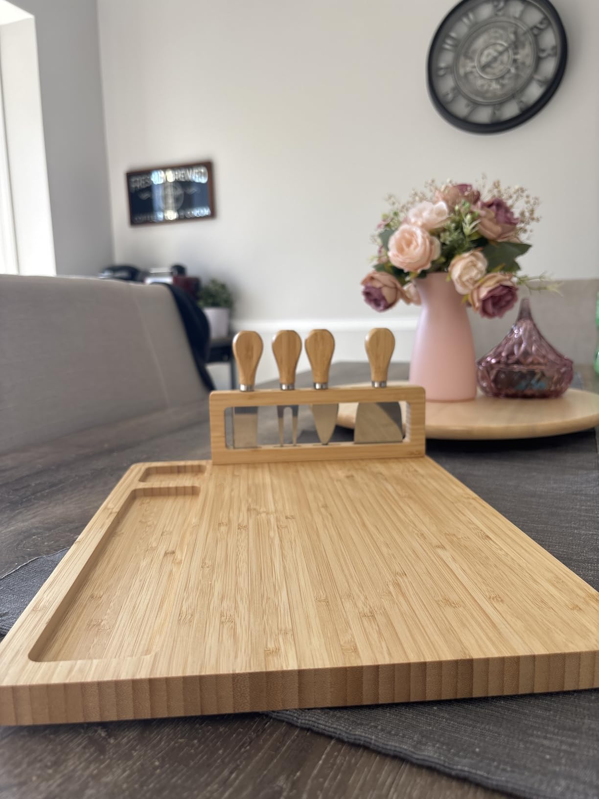 RoyalHouse Unique Bamboo Cheese Board and Knife Set with 2 Slide-Out Cutlery Drawers - Charcuterie Boards Set - Birthday Gifts for Women, Wedding Gifts for Couples 2025, Bridal Shower Gifts - Customer Photo 2