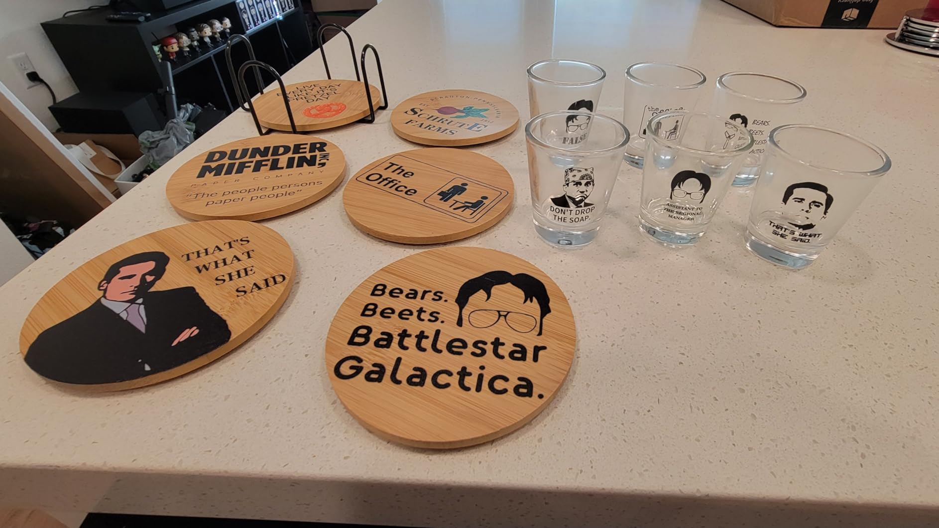 The Office Merchandise Coasters for Drink, Merch Gifts for TV Fans, Dunder Mifflin Kitchen Decor with Holder, House Warming Presents for Friends, Wooden Set, 6 Piece Customer Review The Office Merchandise Coasters for Drink, Merch Gifts for TV Fans, Dunder Mifflin Kitchen Decor with Holder, House Warming Presents for Friends, Wooden Set, 6 Piece - Customer Photo 2