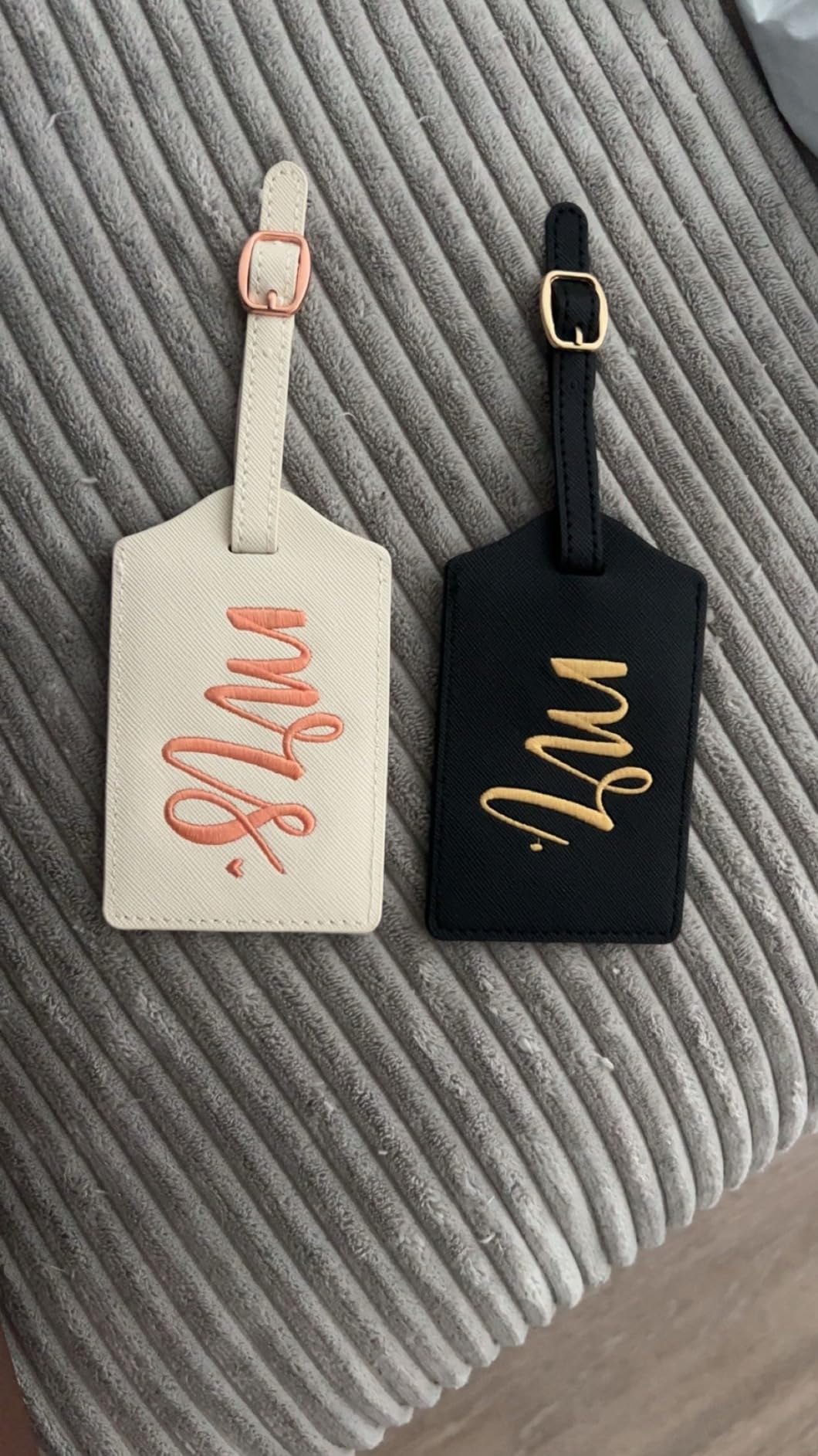 CHOIEO Mr and Mrs Luggage Tags, Bridal Shower Gift Honeymoon Gifts Wedding Gifts for Bride, PU Leather Travel Tags with Name ID Address Card (White&Black) - Customer Photo 1