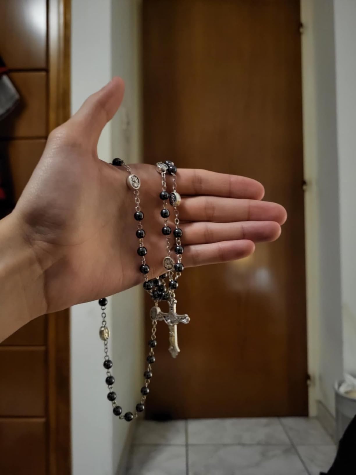 HanlinCC Saint Michael the Archangel Hematite Black Stone Beads Rosary Necklace with Metal Gift Box for Men - Customer Photo 1