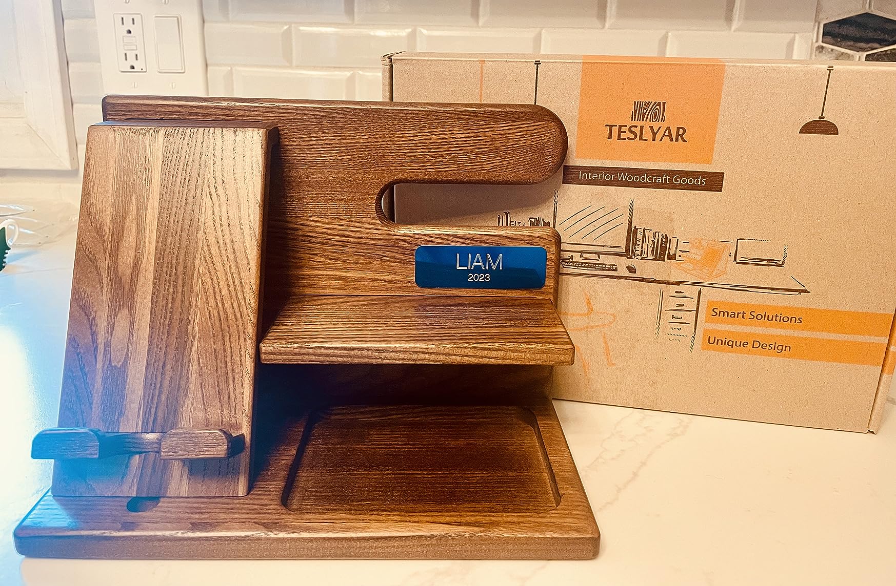 TESLYAR Wood Phone Docking Station for Men - Desktop or Nightstand Organizer - Birthday Gifts for Men, Dad - Anniversary Idea from Wife - Key Holder, Stand Wallet, Watch & Essentials (Bourbon Brown) - Customer Photo 2