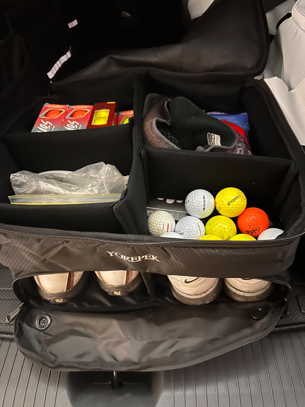 YOREPEK 2 Layer Golf Trunk Organizer, Golf Gifts for Men with Separate Ventilated Compartment for 2 Pair Shoes, Waterproof Car Trunk Locker for Balls, Tees, Clothes, Gloves, Gifts for Golfers - Customer Photo 1