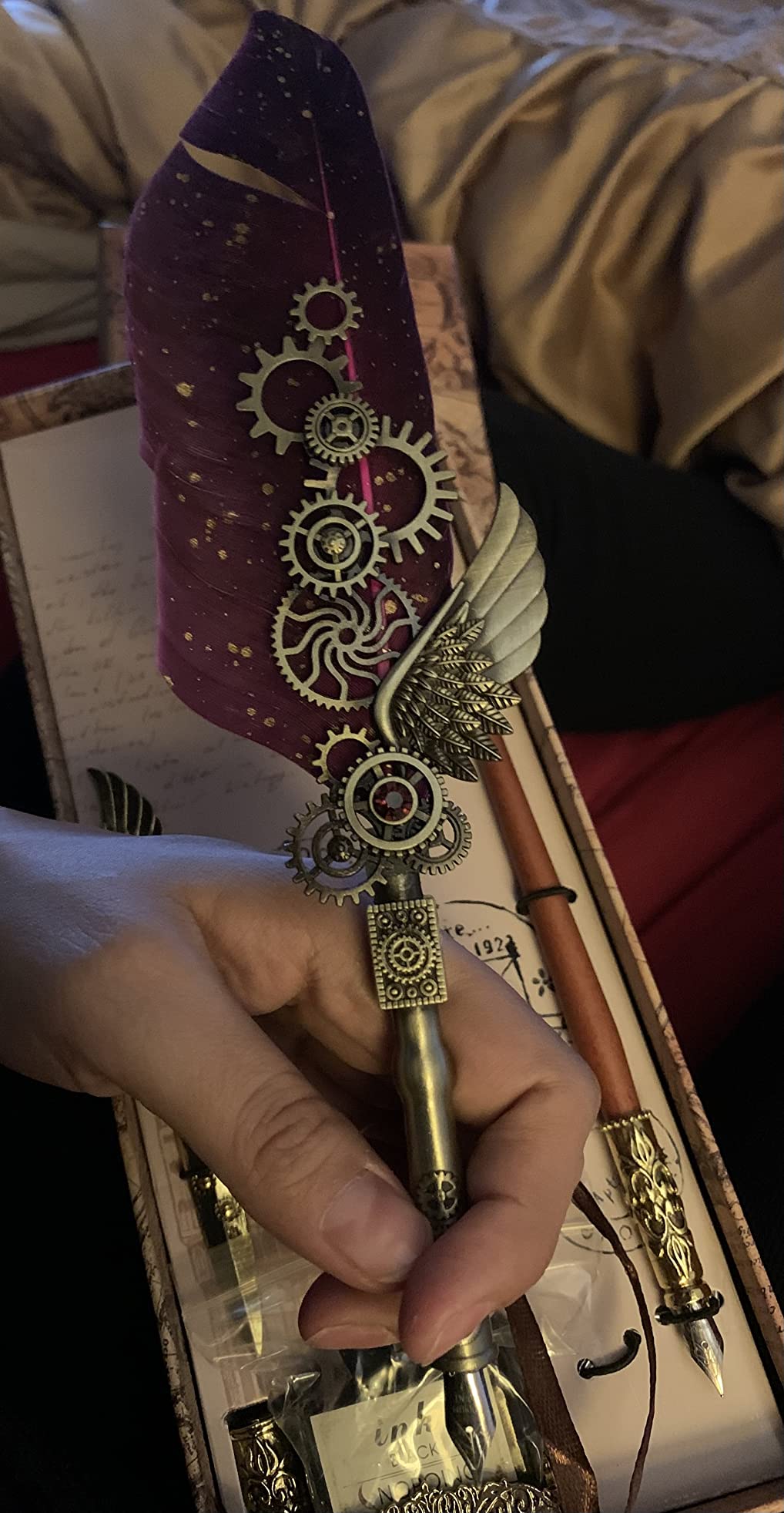 Quill Pen Calligraphy Set, Antique Mechanical Steampunk Style Feather Pen Includes 1 Wooden Dip Pen, 8 Nibs, 1 Bottle of Ink, 1 Letter Opener, 1 Base (Gray) - Customer Photo 1