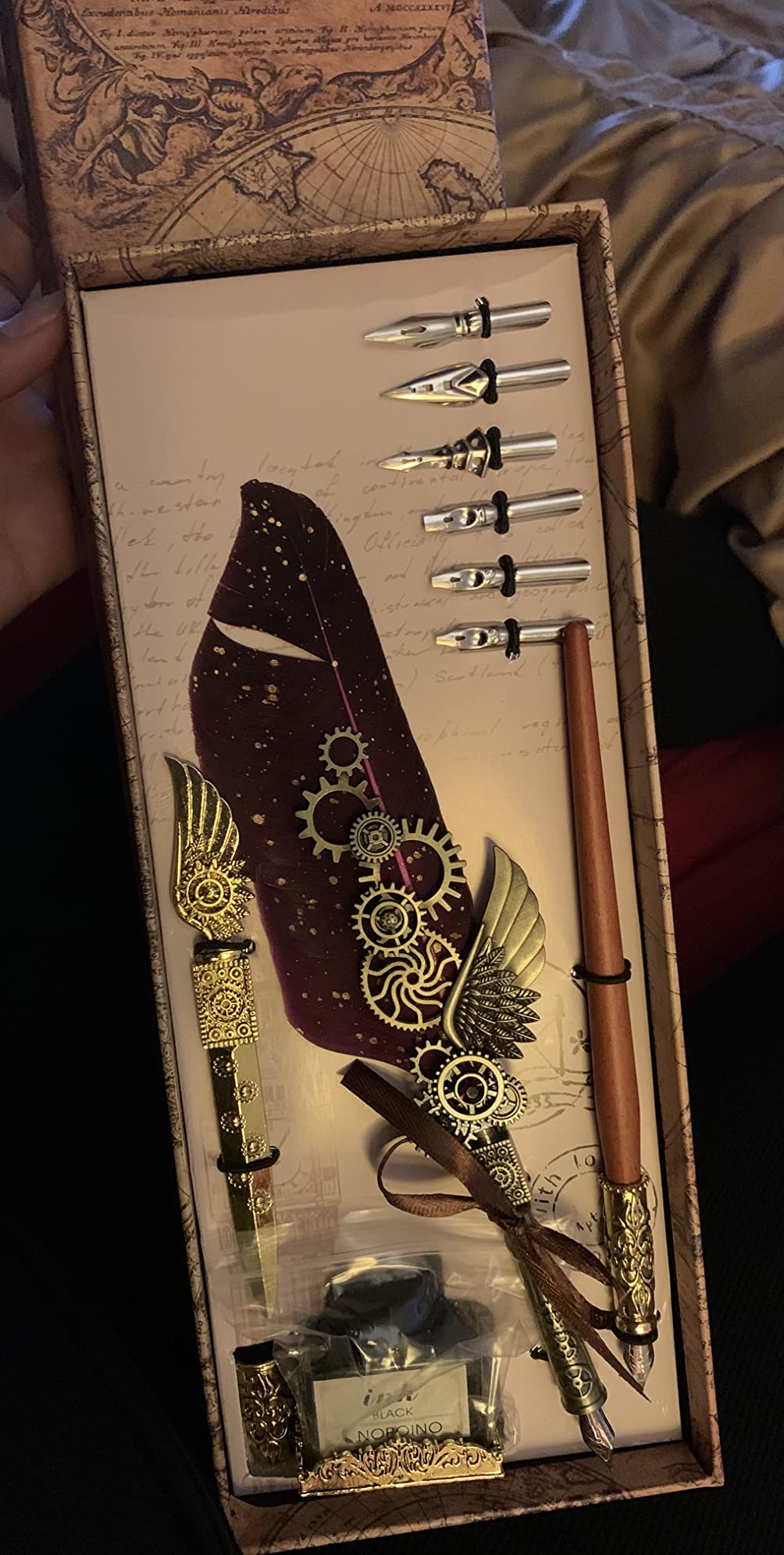 Quill Pen Calligraphy Set, Antique Mechanical Steampunk Style Feather Pen Includes 1 Wooden Dip Pen, 8 Nibs, 1 Bottle of Ink, 1 Letter Opener, 1 Base (Gray) - Customer Photo 2