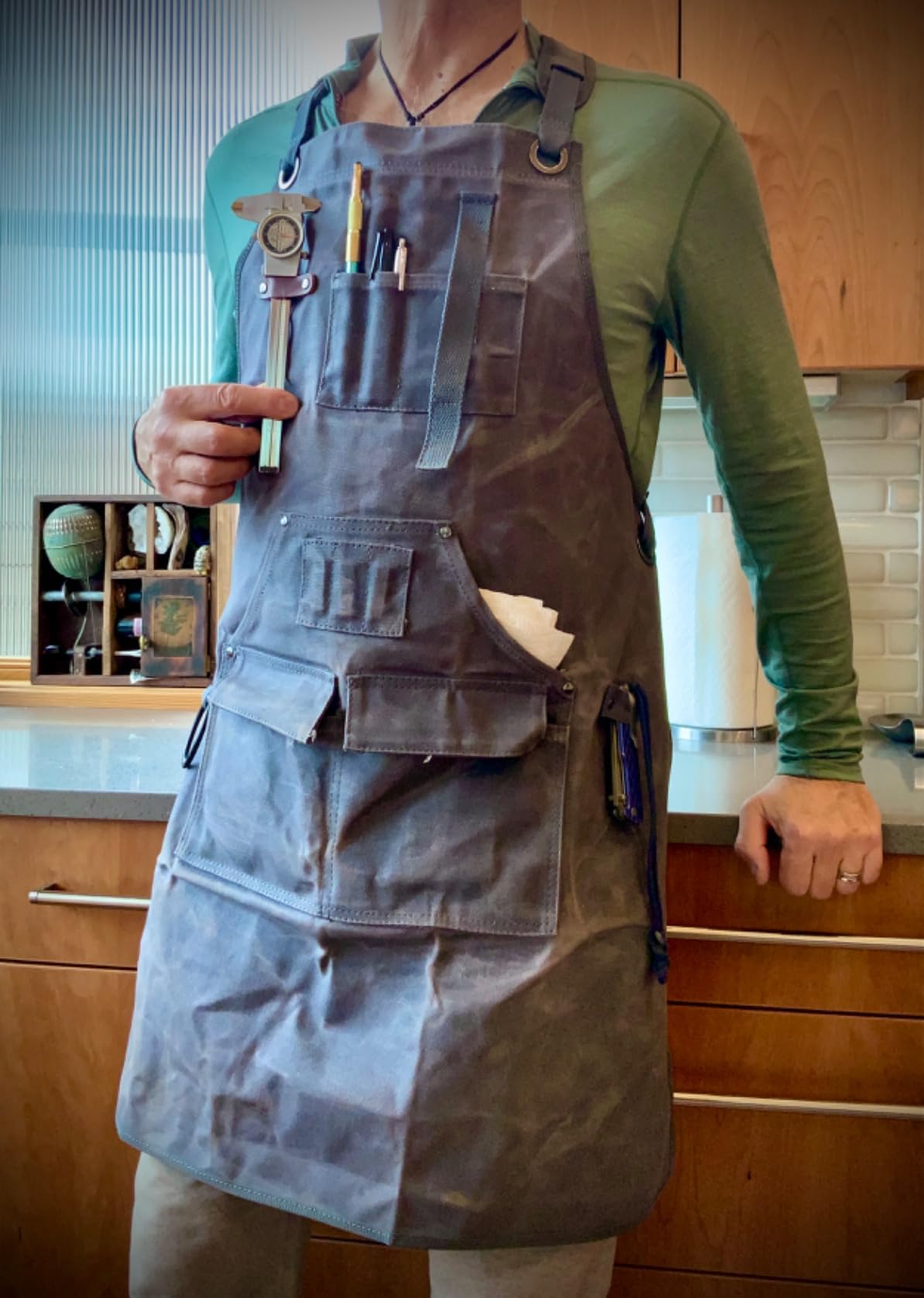 Woodworking Apron for Men, Shop Apron 20 oz Canvas Work Apron with 9 Pockets, Stocking Stuffers for Men, Heavy Duty Wood Working Workshop Bib Apron for Carpenter Woodworker, Adjustable to S-3XL, Khaki - Customer Photo 1