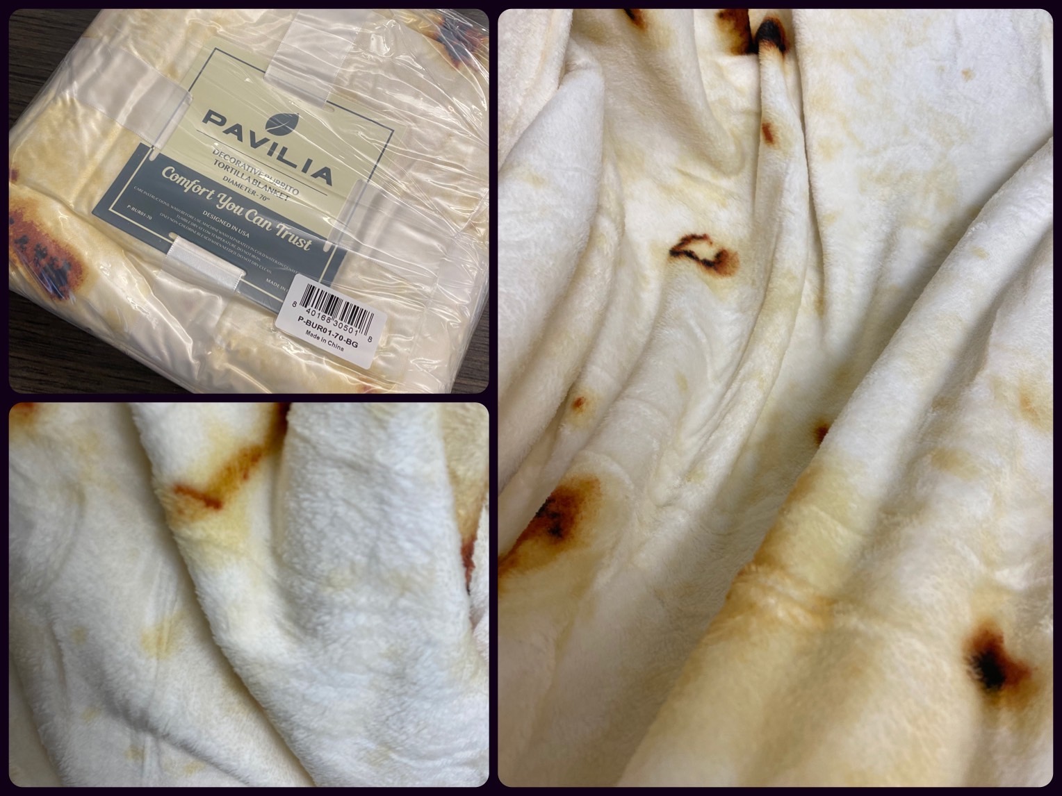PAVILIA Burrito Tortilla Blanket, Double Sided Taco Flour Wrap Novelty Throw for Adult Kid Teen, Realistic Food Blanket, Funny Gag Gift for Birthday, Beige Flour 80in - Customer Photo 1