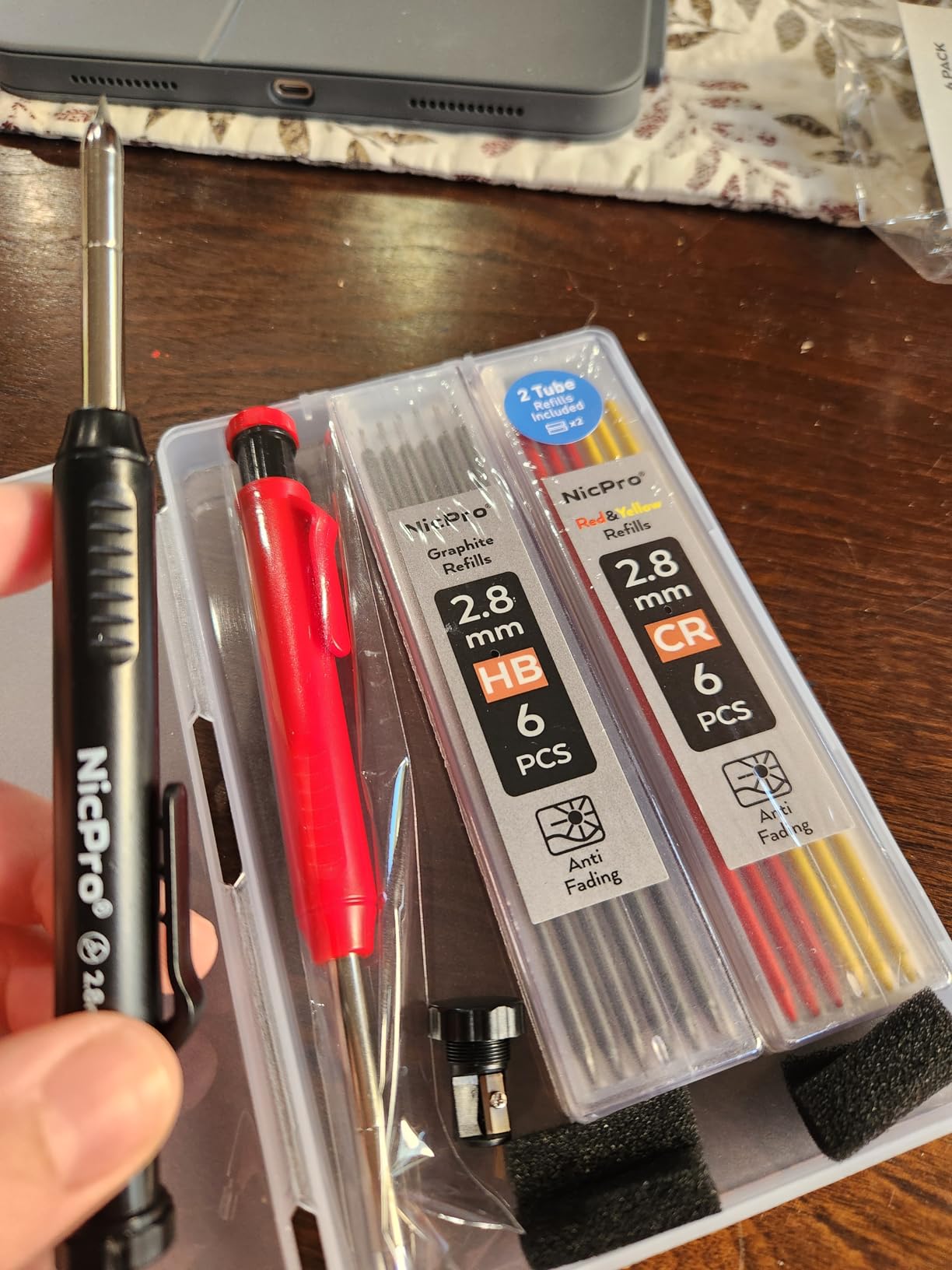 Nicpro Carpenter Pencil with Sharpener, Mechanical Pencils Set with 26 Refills, Deep Hole Marker for Construction, Heavy Duty Woodworking Tools for Architect (Black, Red) - With Case - Customer Photo 2