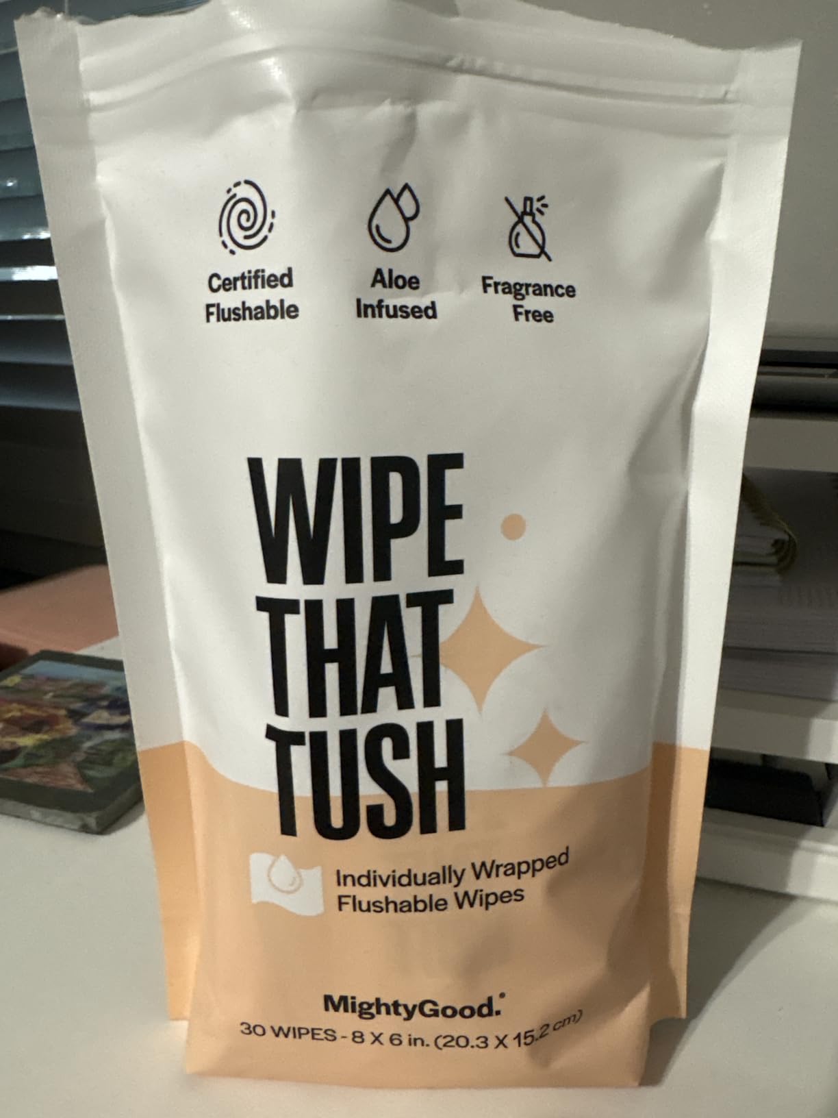 MightyGood. Wipe That Tush On-The-Go Flushable Wipes - 1 pack, 30 individually Wrapped Wipes, Fragrance Free - Extra Large & Soft - Hypoallergenic & Fragrance Free With Aloe & Vitamin E - Plant-Based - Customer Photo 1