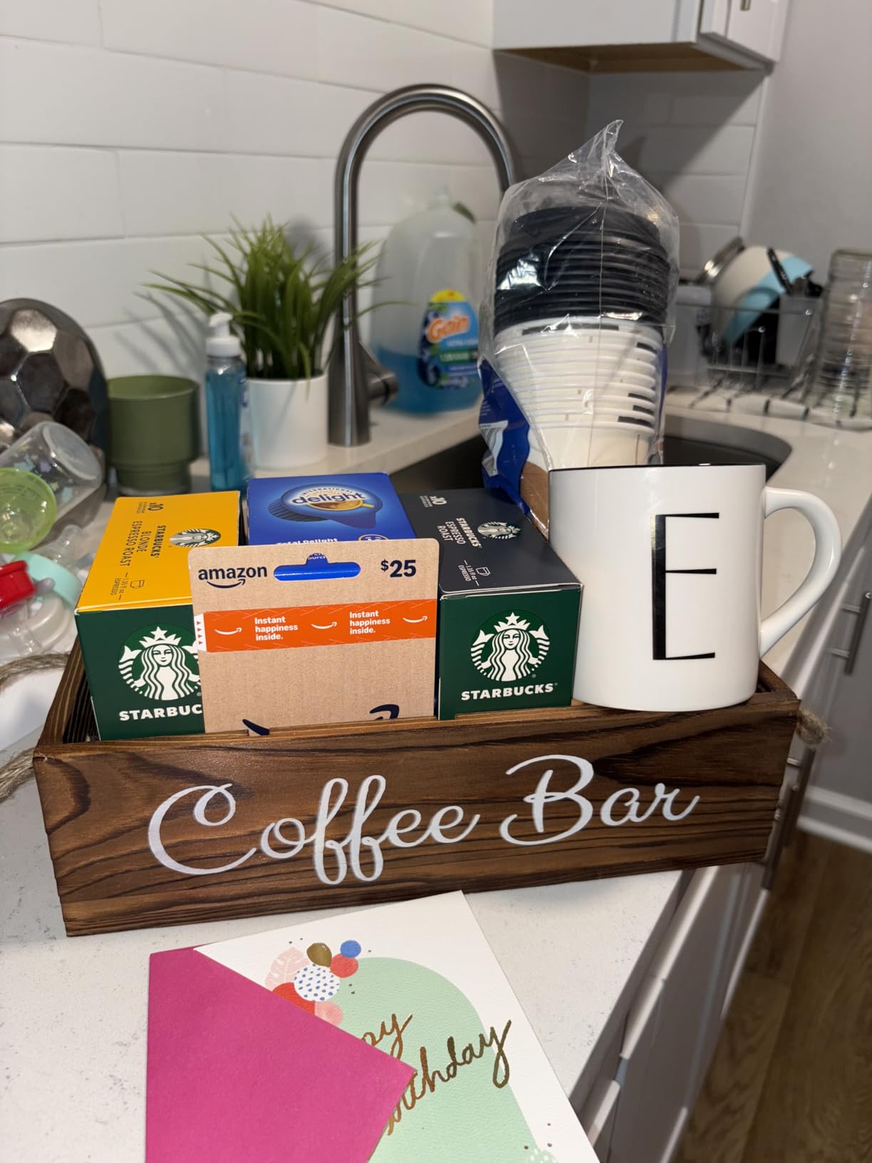 Coffee Station Organizer with Small Removable Dividers, Wooden Coffee Bar Accessories Storage For Countertop, Farmhouse Kcup Coffee Pod Holder Basket With Handle For Coffee Lover - Customer Photo 1