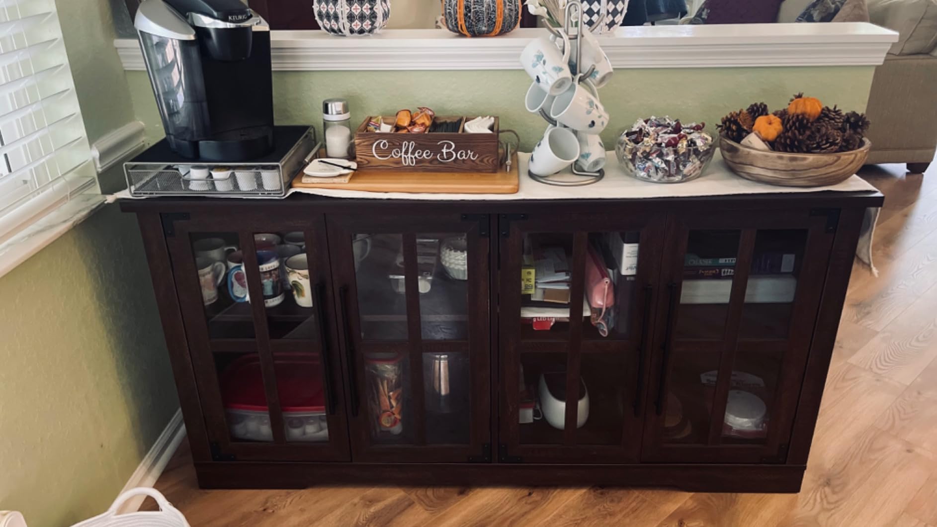 Coffee Station Organizer with Small Removable Dividers, Wooden Coffee Bar Accessories Storage For Countertop, Farmhouse Kcup Coffee Pod Holder Basket With Handle For Coffee Lover - Customer Photo 2