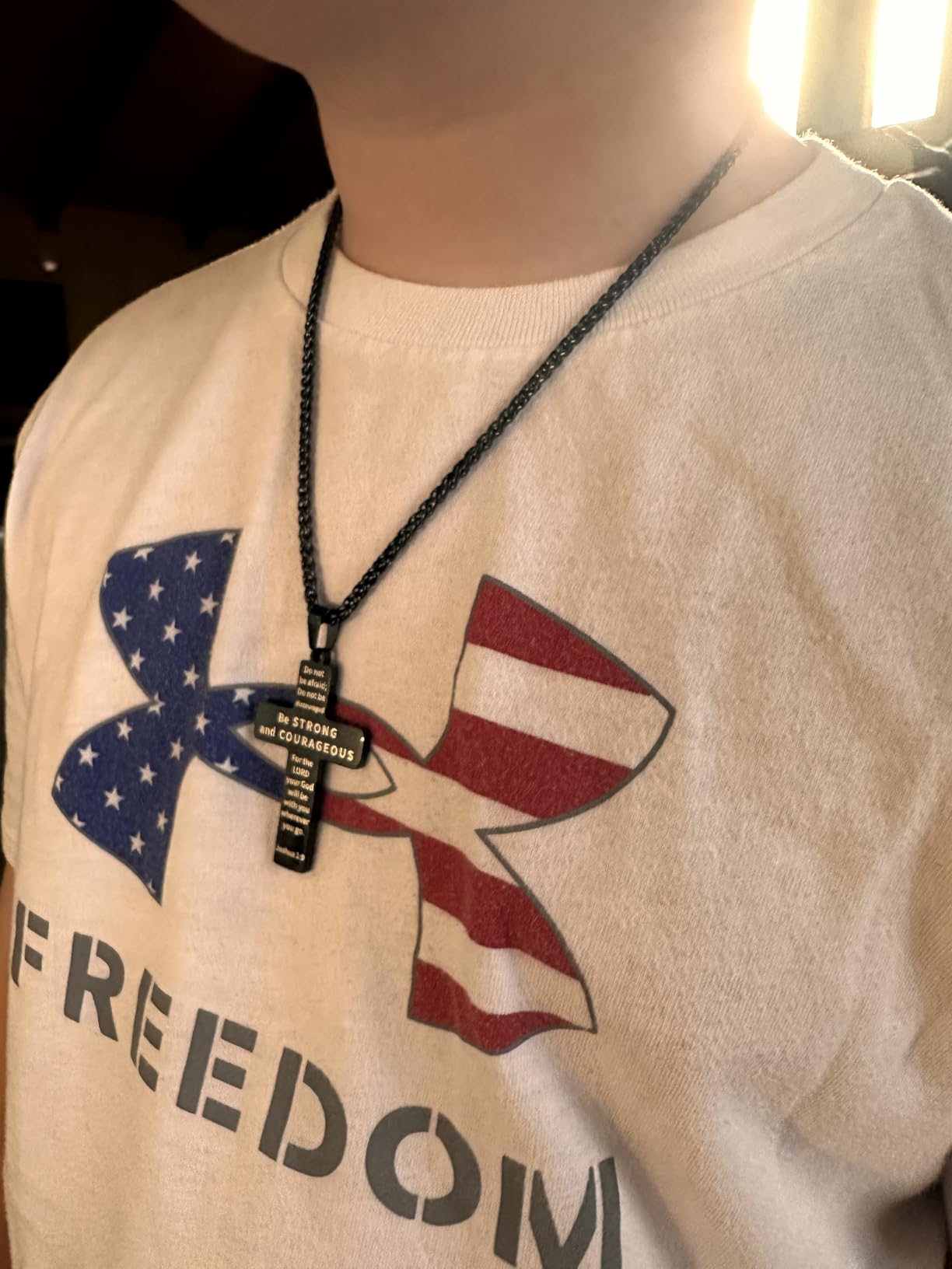 DuoDiner Stocking Stuffers Christmas Gift-18+2 Inch Cross Necklace Bible Verse Stainless Steel American Flag Pendant Chain for Men Boys Cross Jewelry Gift - Customer Photo 1