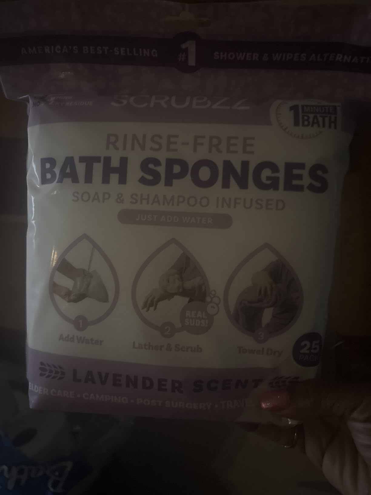 Scrubzz Disposable No Rinse Bathing Wipes - 25 Pack - All-in-1 Single Use Shower Wipes, Simply Dampen, Lather, and Dry Without Shampoo or Rinsing (Lavender, 1-Pack) - Customer Photo 2