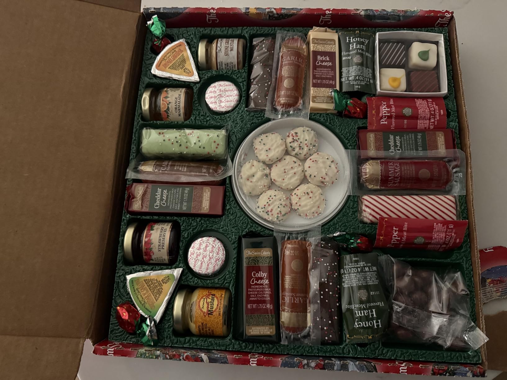 The Swiss Colony 27 Favorites Food Gift Set, Summer Sausage Meats and Cheeses, Assorted Chocolates, Candies, Petits Fours, Cheese & Charcuterie Board Gifts Basket, Holiday, Christmas - Holiday Red Box - Customer Photo 1