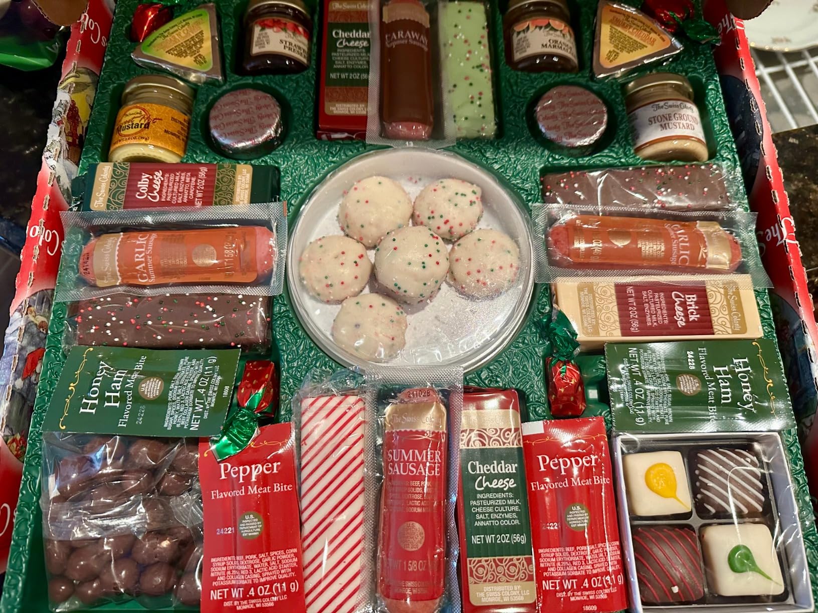 The Swiss Colony 27 Favorites Food Gift Set, Summer Sausage Meats and Cheeses, Assorted Chocolates, Candies, Petits Fours, Cheese & Charcuterie Board Gifts Basket, Holiday, Christmas - Holiday Red Box Customer Review The Swiss Colony 27 Favorites Food Gift Set, Summer Sausage Meats and Cheeses, Assorted Chocolates, Candies, Petits Fours, Cheese & Charcuterie Board Gifts Basket, Holiday, Christmas - Holiday Red Box - Customer Photo 2
