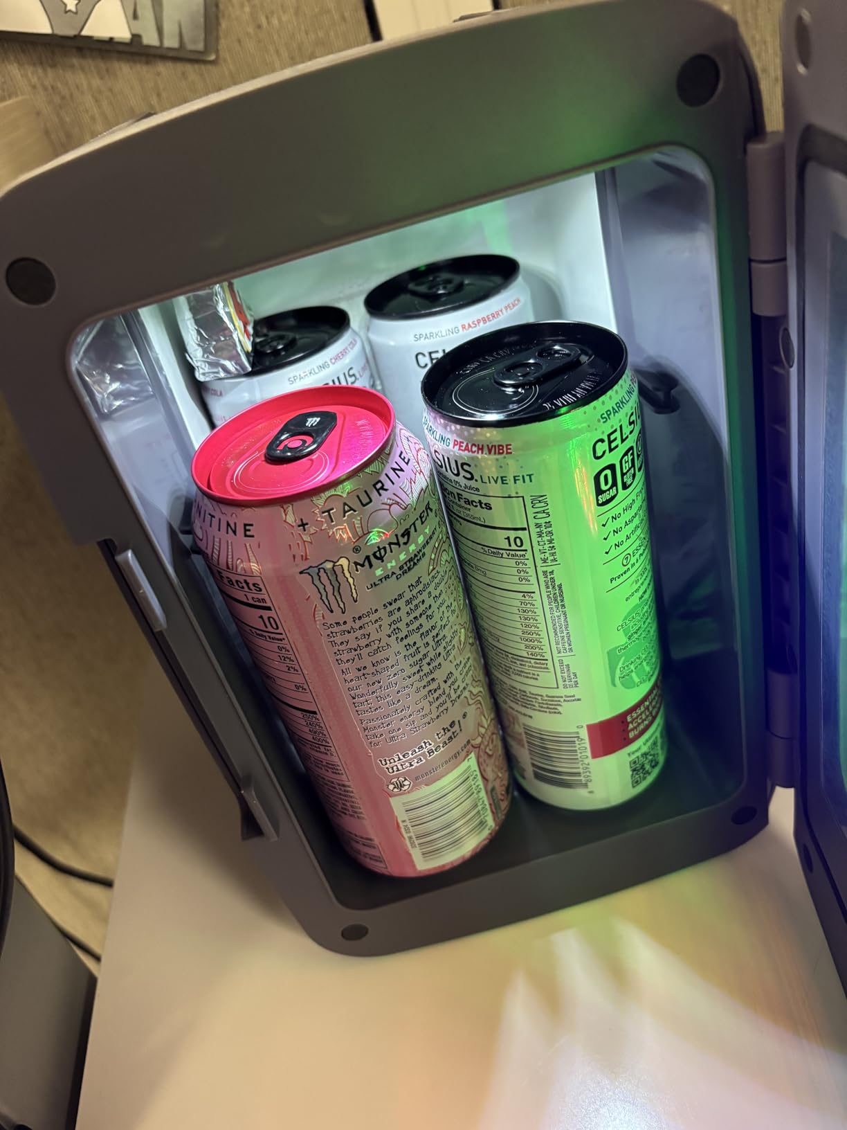 Frigidaire Gaming Light Up Mini Beverage Refrigerator, 6 can, 4 liters, Cooler with large see through door and LED lights Perfect for Gaming Experience, Home, Office, or Cars.12V Charger (Stealth) - Customer Photo 1