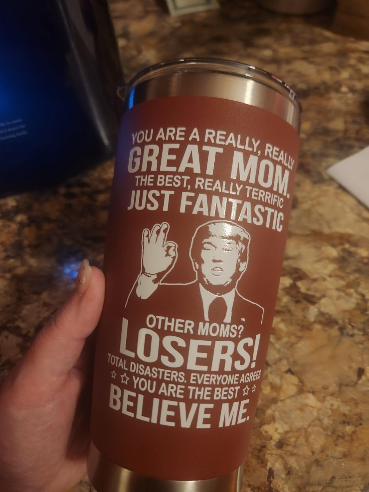 Christmas Gifts for Mom from Daughter, Son, Kids - Great Mom Coffee Tumbler on Birthday, Christmas, Durable Stainless Steel, Insulated for Hot or Cold Drinks, Ideal Gift for Mothers 20oz, Red - Customer Photo 1