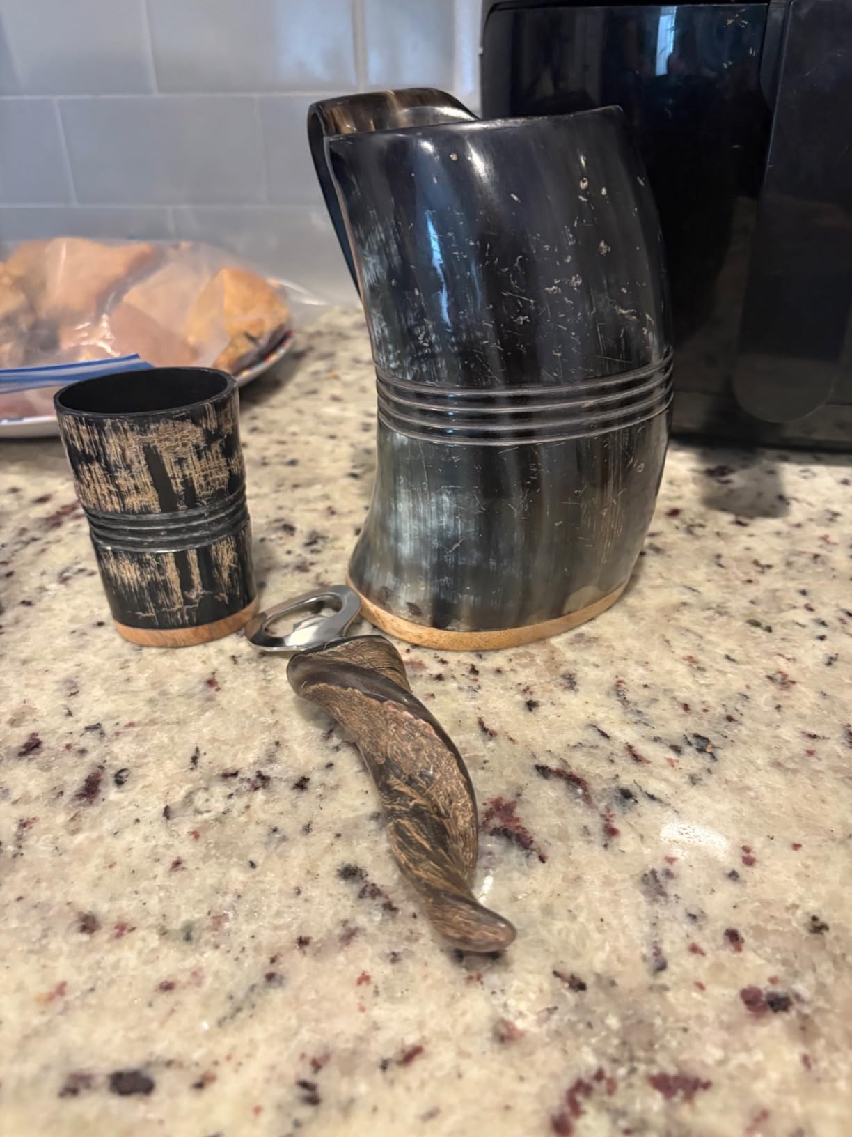 Viking Drinking Horn Mug, 16-20oz| Shot Glass and Bottle Opener| Unique Handmade Viking Spacial Gifts for Men & Women - Food Grade Medieval Style (Fenrir) - Customer Photo 2