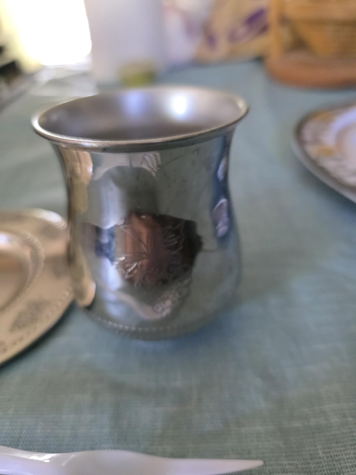 Classic Stainless Steel Kiddush Cup Set - Jerusalem Design and Wine Blessing - Stemless Wine Cup with Tray - Tumbler Shape Shabbat Decorations for Passover Seder, Yom Tov Judaic Gifts By Zion Judaica - Customer Photo 1