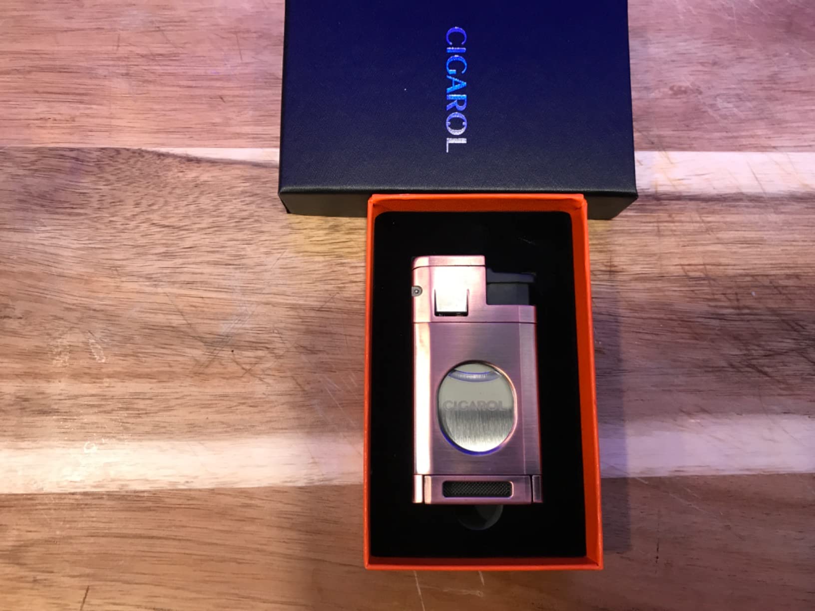 3-in-1 Cigar Lighter with Cutter and Cigar Holder – Windproof Blue Flame Torch, Refillable Metal Body, Portable & Drop-Resistant, for Outdoor & Business Use, Gift Box Included (Rose Gold) - Customer Photo 4