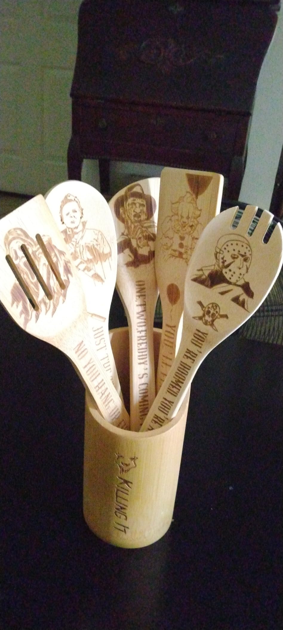 6Pcs Horror Movie Character Cooking Gift Set Wooden Spoons Utensils with Matching Holder - Halloween Movie Merchandise Laser Engraved Bamboo Spoons Set for Halloween Film Gifts, Horror Decor for Party - Customer Photo 2