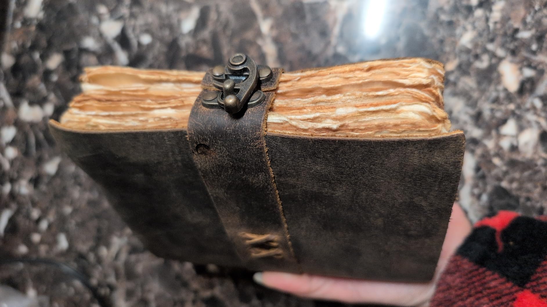 LEATHER VILLAGE Leather Bound Vintage Journal for Women & Men - Book of Shadows - Lock Closure - 200 Pages of Antique Deckle Edges Handmade Paper - Rustic Brown Color - 7 X 5 inches - Customer Photo 1