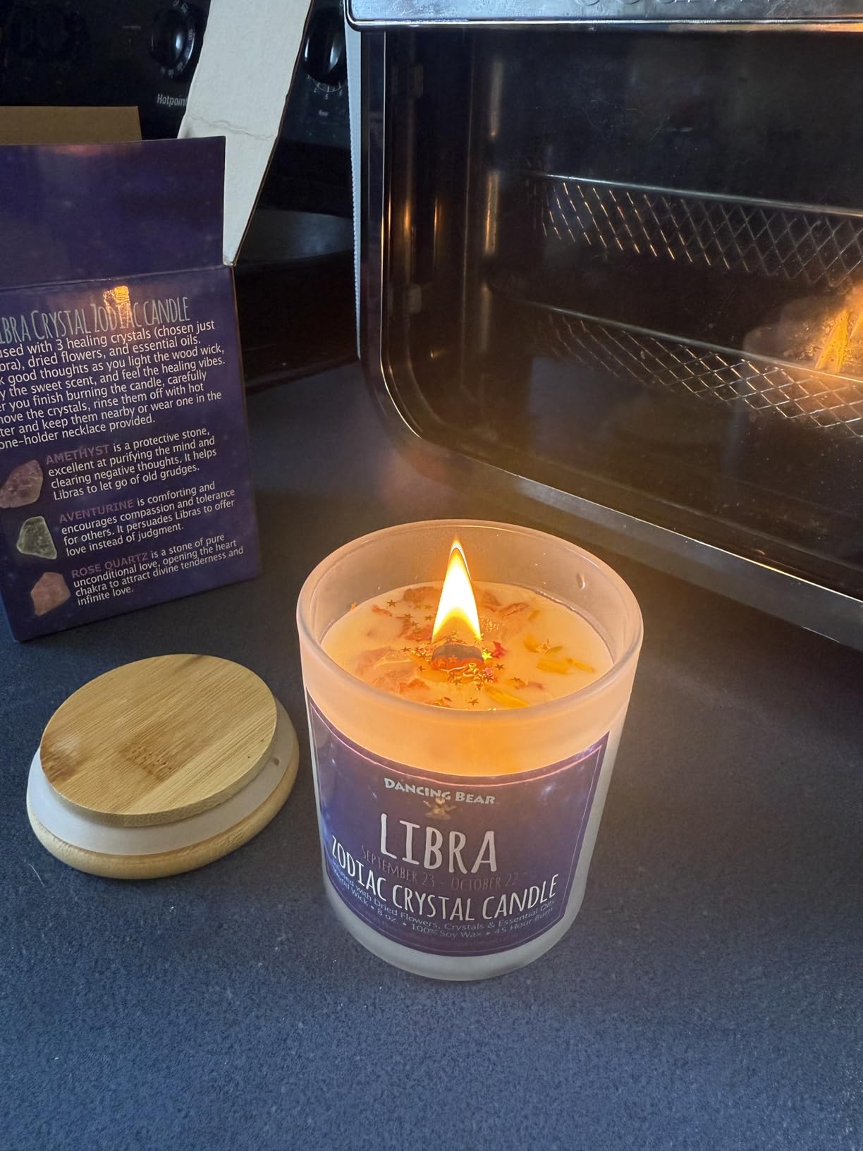 DANCING BEAR Capricorn Zodiac Candle Gift Box Set with 3 Healing Crystals & Stone Holder Necklace, 100% Soy Scented Wax, Crackling Wood Wick, 45 Hour Burn Time - Customer Photo 1