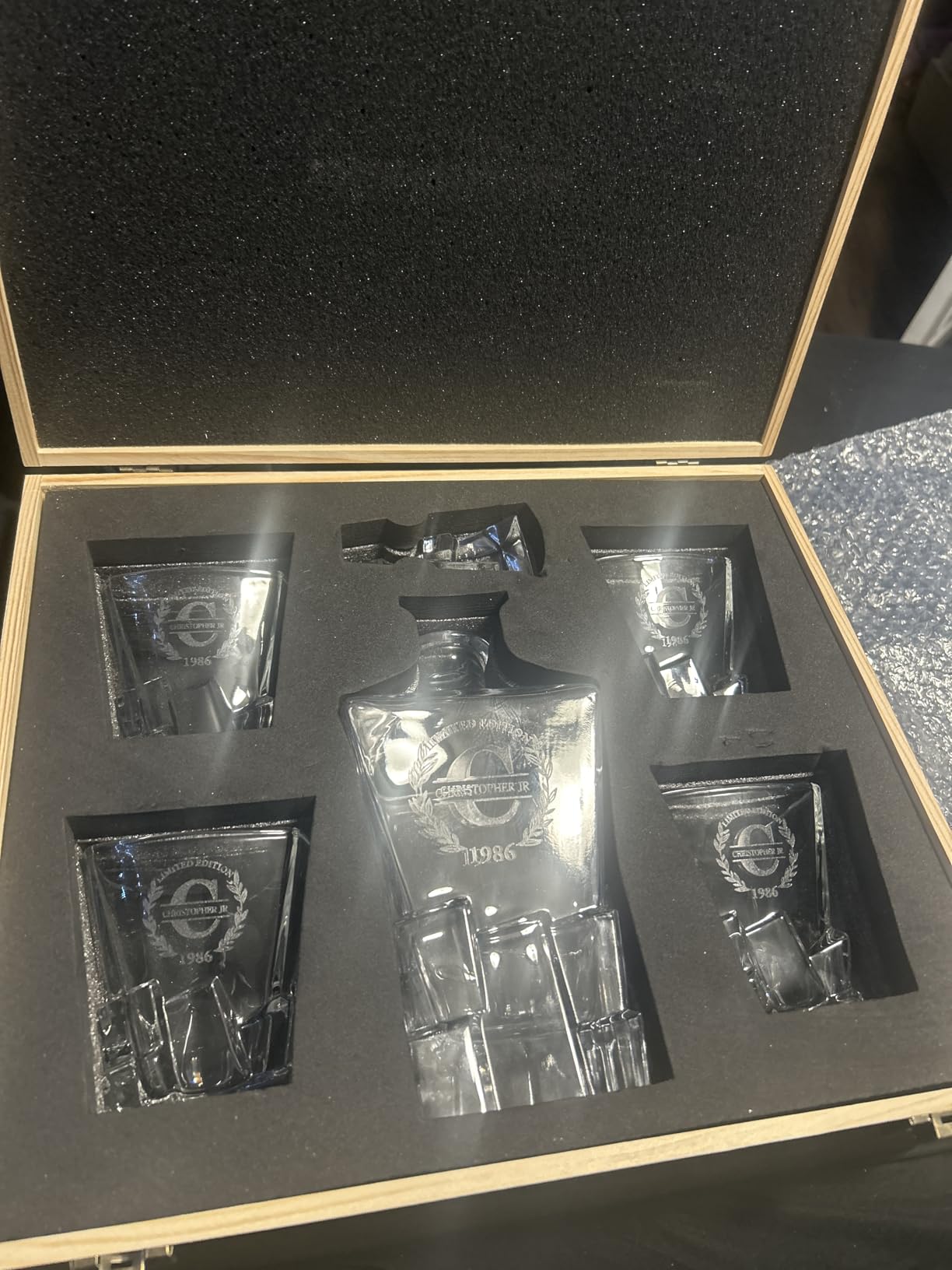 Personalized Whiskey Decanter and Glasses Set - Customized in USA Gift for Him - Engraved 34 oz / 1000ml Rocks Whiskey Decanter, 4 Glasses - Customer Photo 2