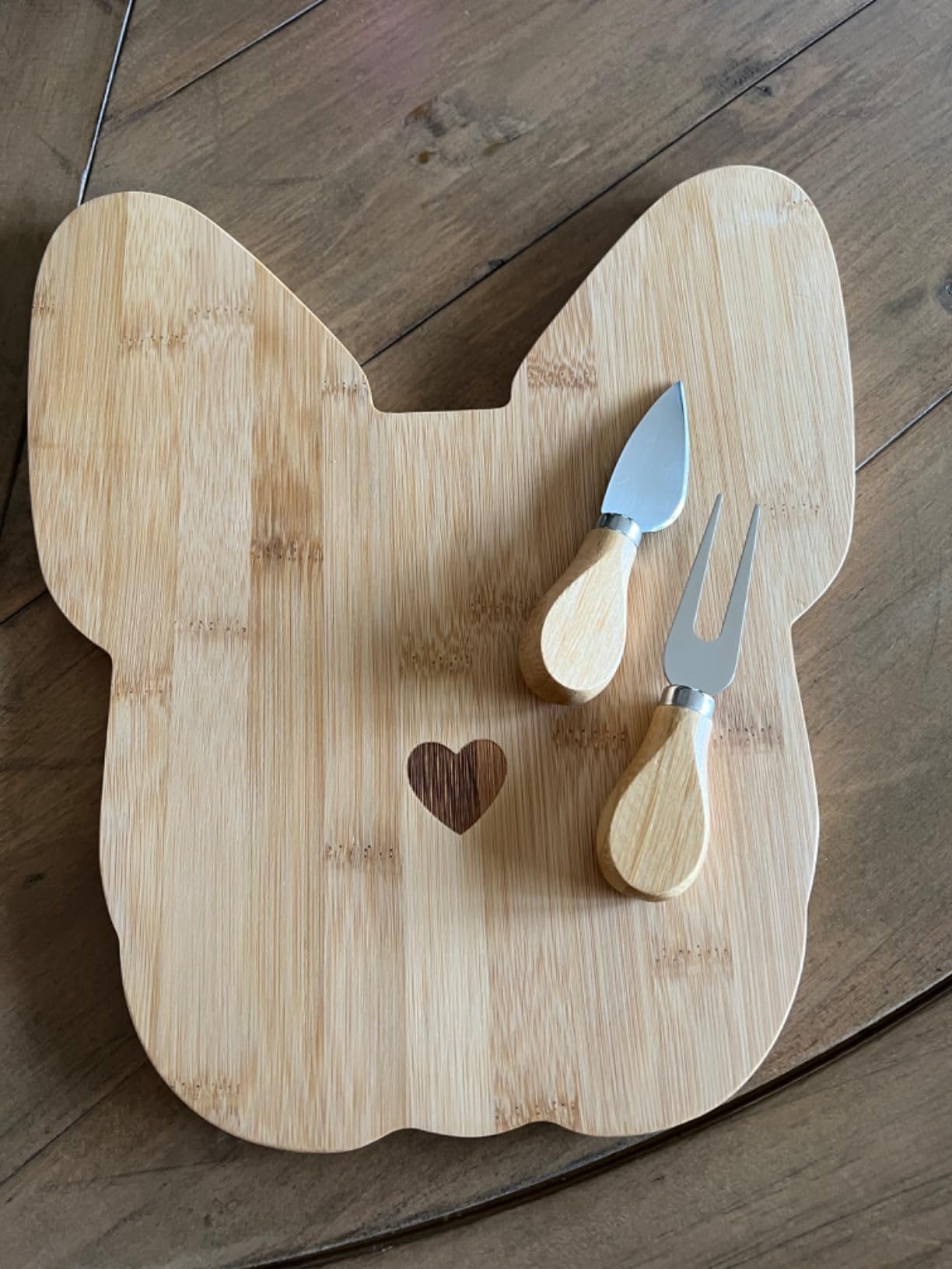 Polished Bamboo Frenchie Cheese Board/Cutting Board Set w/Matching Knife & Fork - 12.2