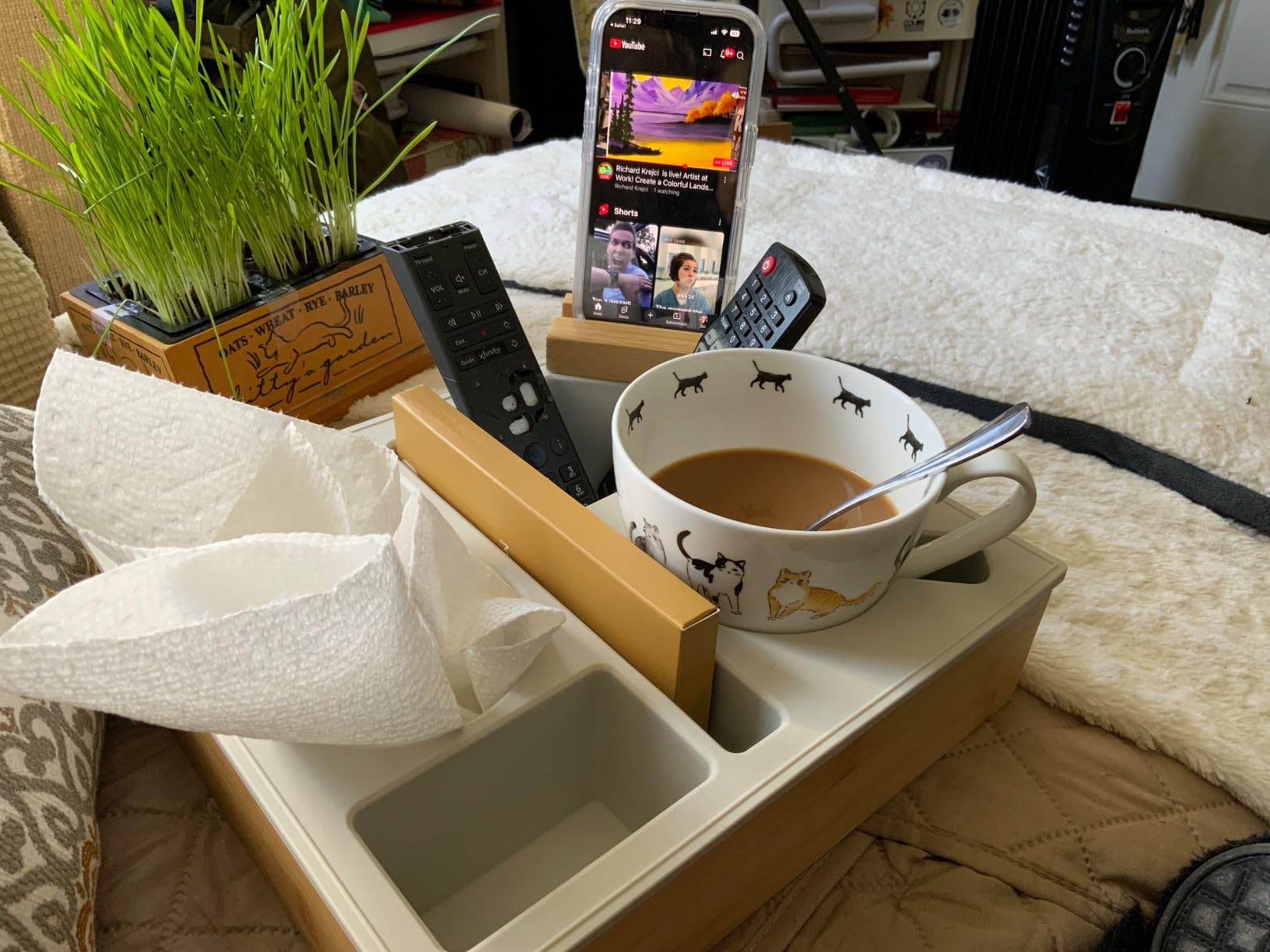 Couch Cup Holder Tray, Handy Silicone Bamboo Couch Caddy with Rotatable Phone Holder for Bed Car Seat Organizer, Waterproof Anti-spill Sofa Cup Holder for Snacks Beverage Remote (Gray) - Customer Photo 1