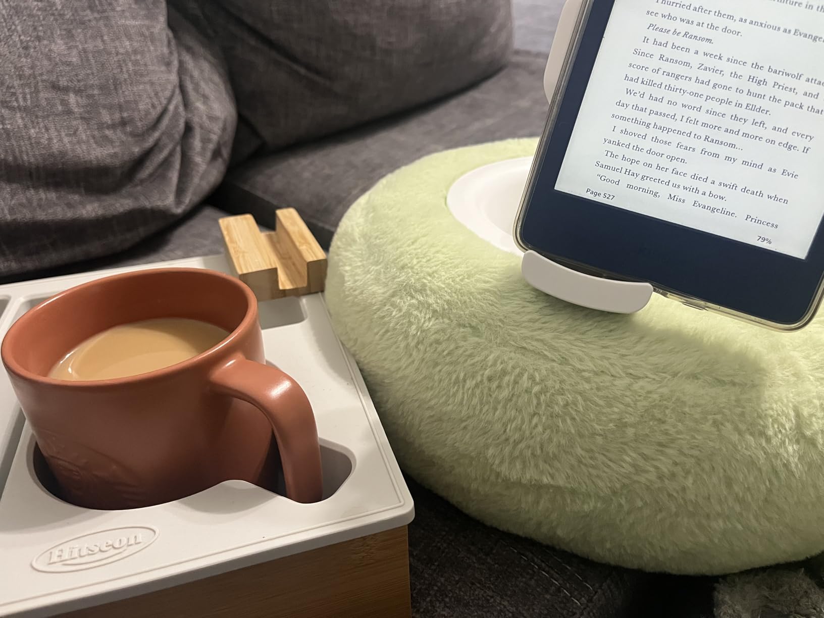 Couch Cup Holder Tray, Handy Silicone Bamboo Couch Caddy with Rotatable Phone Holder for Bed Car Seat Organizer, Waterproof Anti-spill Sofa Cup Holder for Snacks Beverage Remote (Gray) - Customer Photo 2