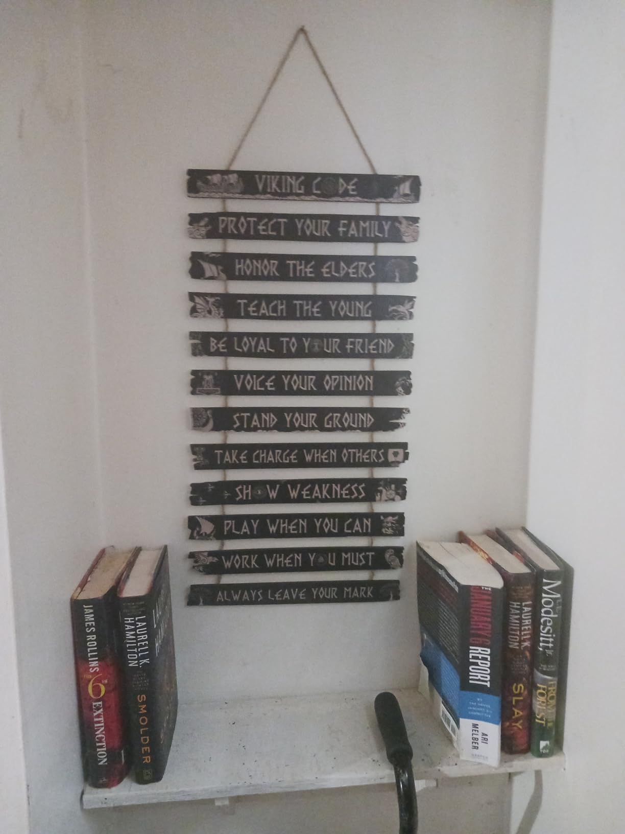 Thinkday Viking Decor Pagan Nordic Sign Viking Gifts for Men Code Wall Christmas Decor Celtic Rune Norse Pagan Wooden Valknut Nordic Medieval Vegvisir Runes for Gift Mythology Artwork(Black) - Customer Photo 2