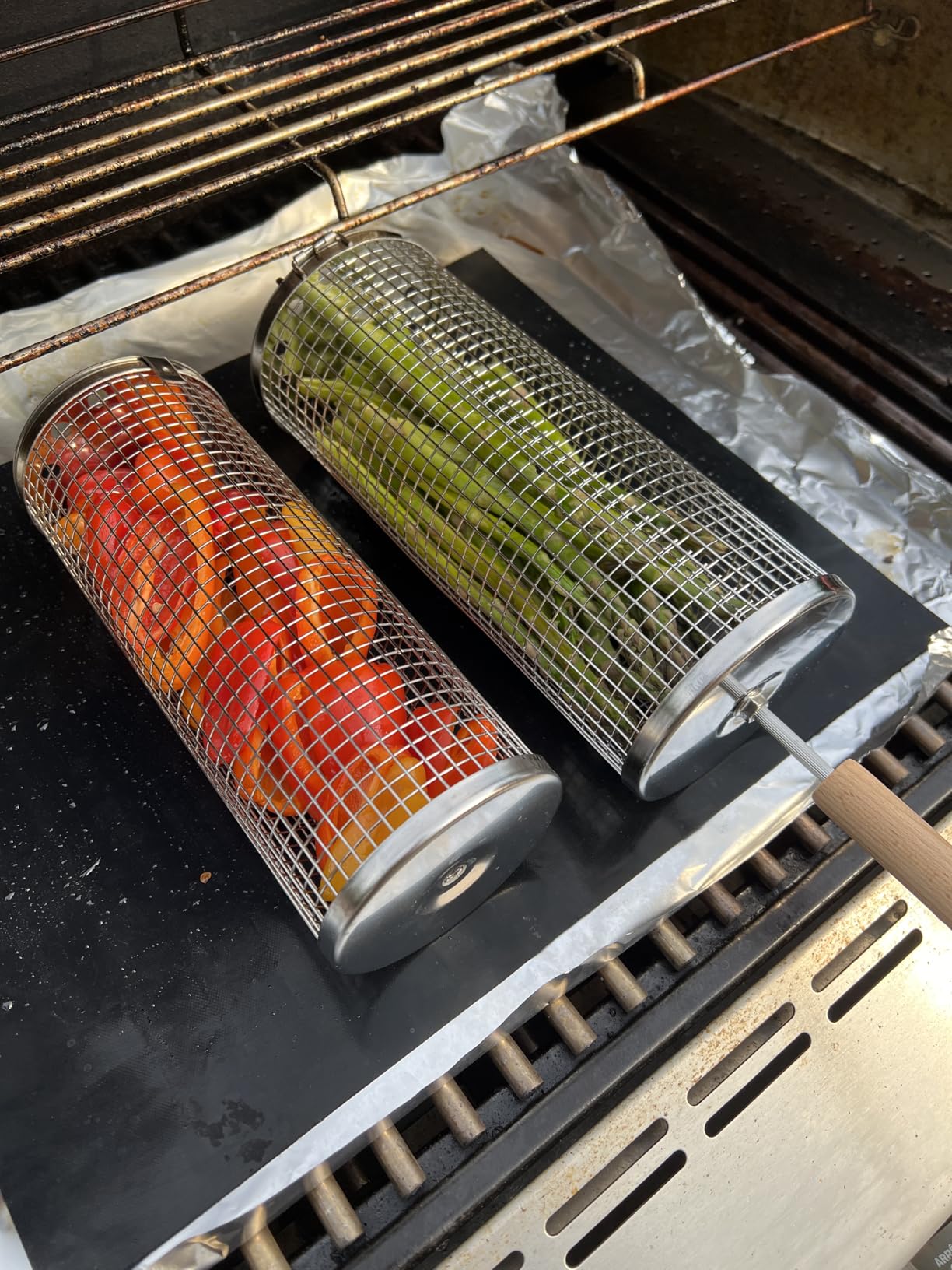 Rolling Grill Basket, Removable Wooden Handle, 304 Stainless Steel, Nesting BBQ Tools, Smoker Grilling Accessories for Vegetable, Outdoor Cooking Camping, Birthday Gifts for Men Dad Husband - Customer Photo 1