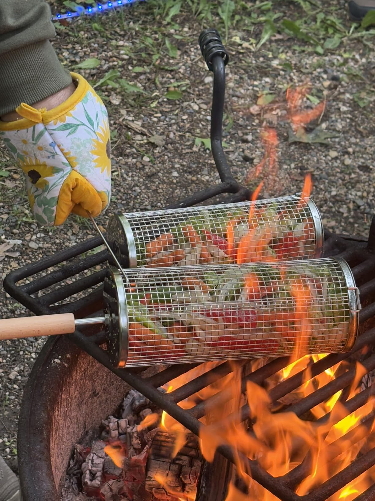 Rolling Grill Basket, Removable Wooden Handle, 304 Stainless Steel, Nesting BBQ Tools, Smoker Grilling Accessories for Vegetable, Outdoor Cooking Camping, Birthday Gifts for Men Dad Husband - Customer Photo 2