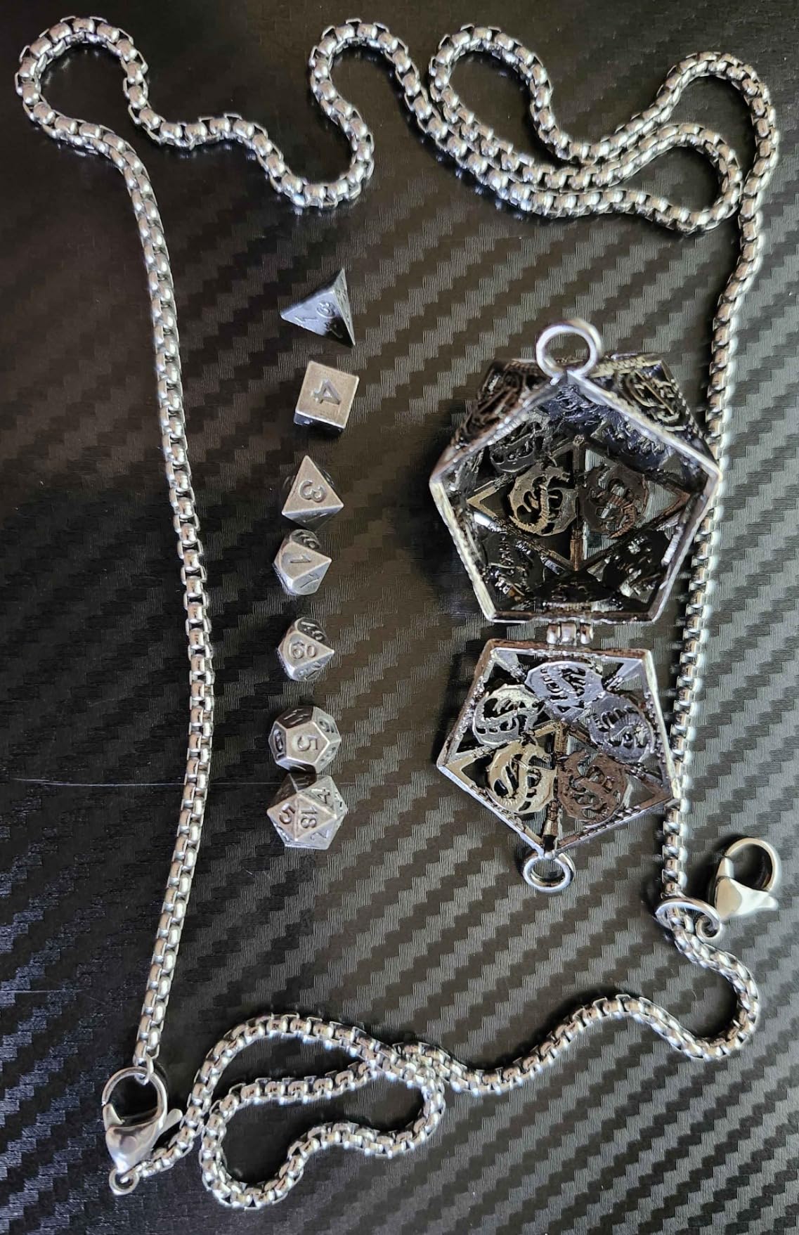 Haxtec Mini Metal DND Dice Set with Hollow Necklace Dice Case Antique Tiny Metal Dice Set D&D Keychain Portable 7PCS Dice Set - Customer Photo 1