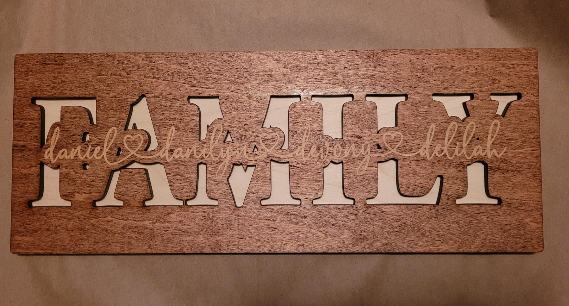 Lara Laser Works Personalized 3D Family Sign w/Names - 4 Wooden Colors, 2 Sizes - Decorative Wall Decor, Custom Wood Sign, Customized Gifts - Customer Photo 1