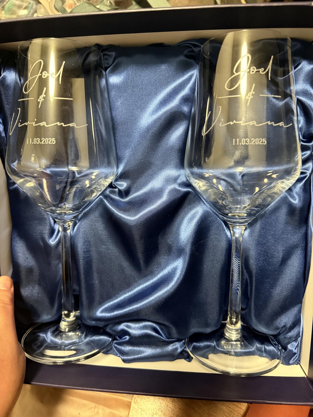 Personalized Wedding Champagne Flutes, Set of 2, Mr & Mrs Toasting Glasses for Bride and Groom, Engraved Name & Date, Customized Gifts for Couples, Newlyweds, Engagement, Wedding Favors,Bridal Shower Customer Review Personalized Wedding Champagne Flutes, Set of 2, Mr & Mrs Toasting Glasses for Bride and Groom, Engraved Name & Date, Customized Gifts for Couples, Newlyweds, Engagement, Wedding Favors,Bridal Shower - Customer Photo 2