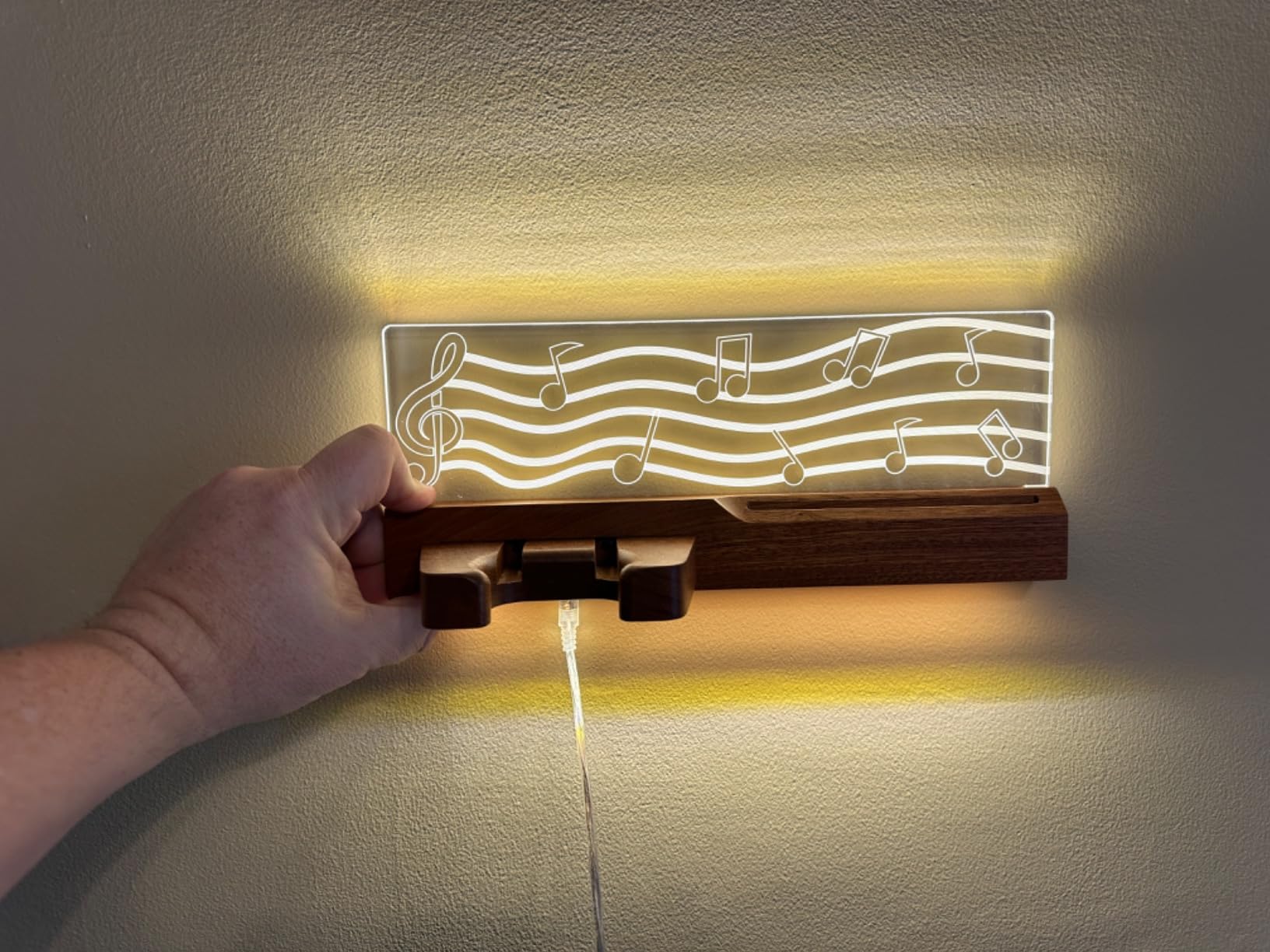 Guitar Wall Mount Stand with LED Lights - Solid Wood & Acrylic USB-Powered Guitar Accessories - Gift for Men, Guitar Players, Music Lovers (for Acoustic, Electric Bass, Ukulele) - Customer Photo 2