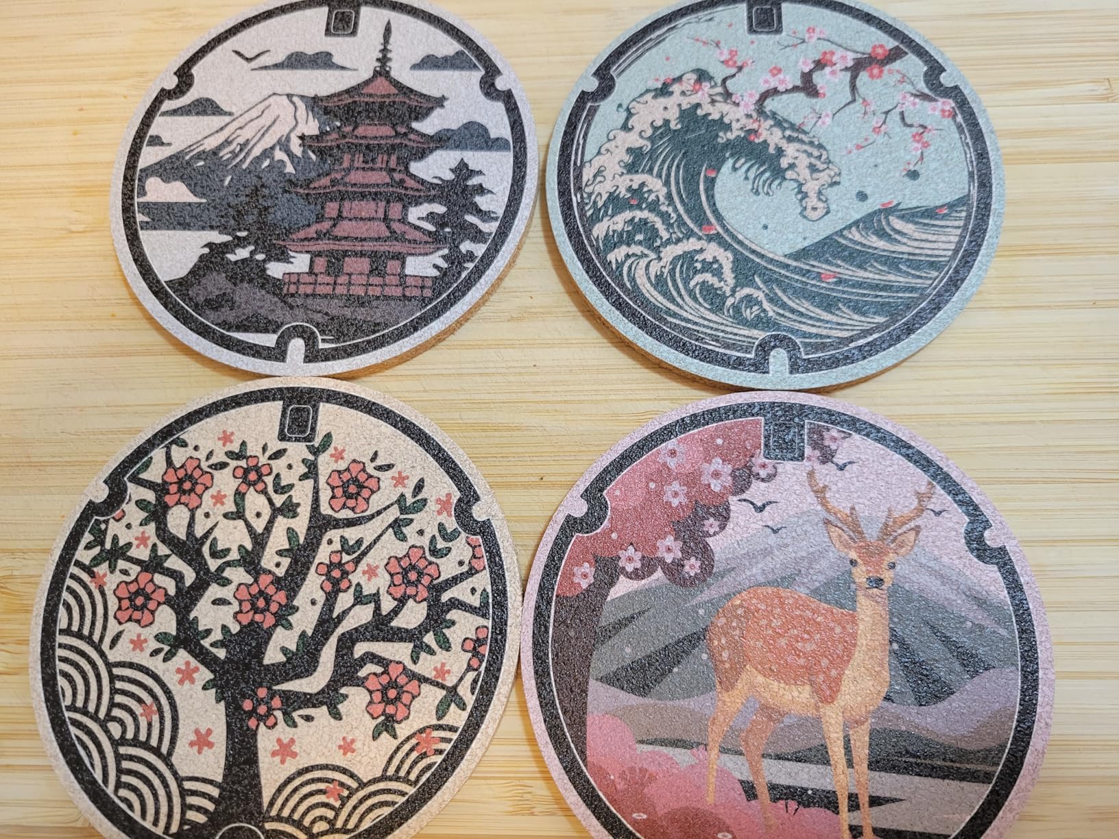 Japanese Coasters Japan Manhole Design Coasters for Drinks Cherry Blossom Koi Pagoda Deer Cork Coasters for Coffee Table Housewarming Birthday Gifts Set of 6 - Customer Photo 1