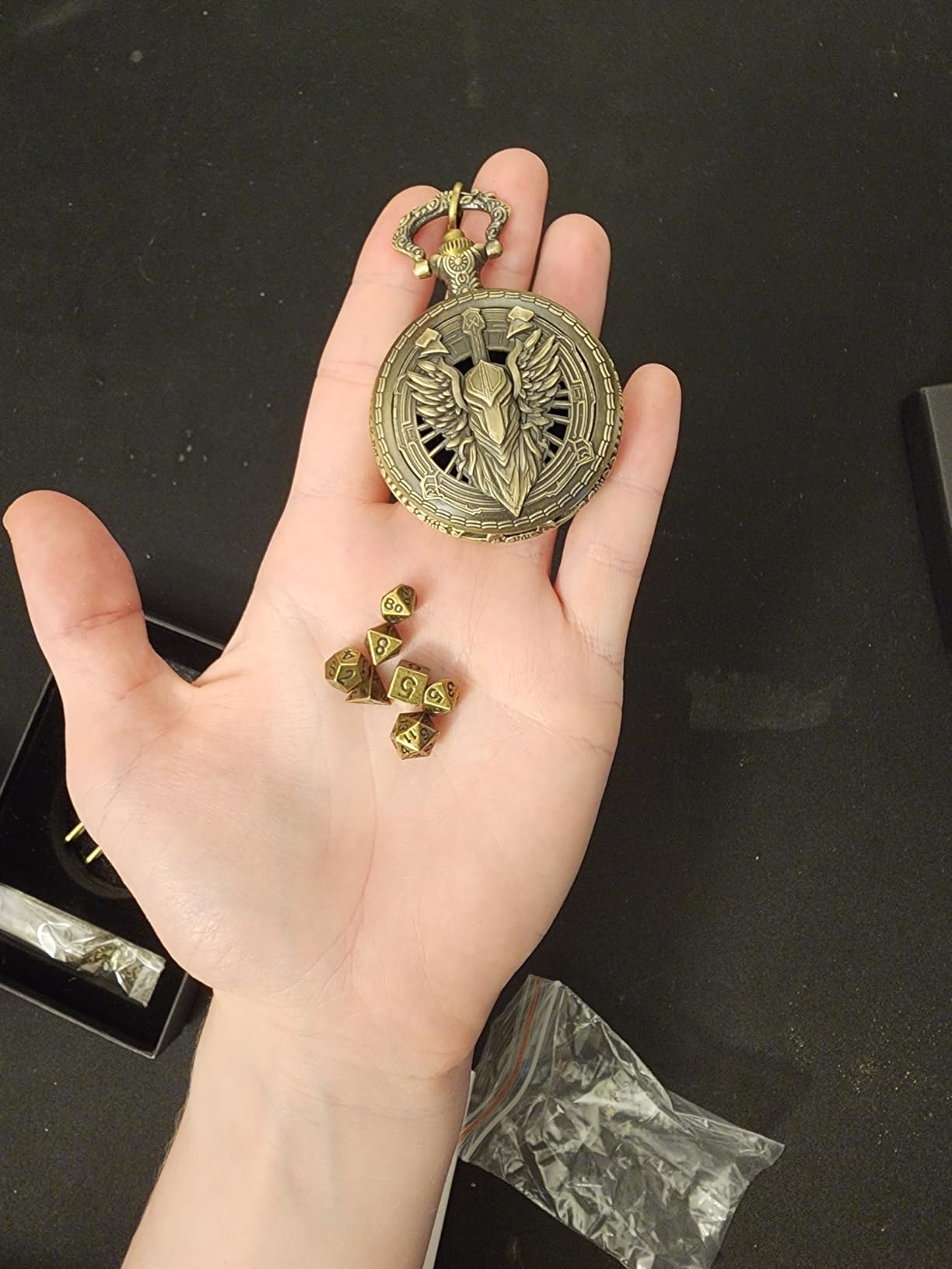 Mini DND Dice Set with Bronze Steampunk Gear Pocket Watch Shell Case, 7pcs Polyhedral Metal DND Dice Set, D&D Gifts with Gift Box, Role Playing Board Games DND Accessories - Customer Photo 1