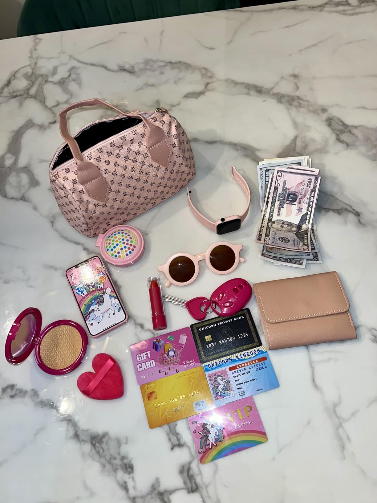 Play Purse for Little Girls, 32PCS Toddler Purse with Pretend Makeup for Kids, Princess Toys Includes Handbag, Phone, Wristwatch, Silk Scarf Kids Toy Purse Birthday Gift for Girls 3 4 5 6 + - Customer Photo 2