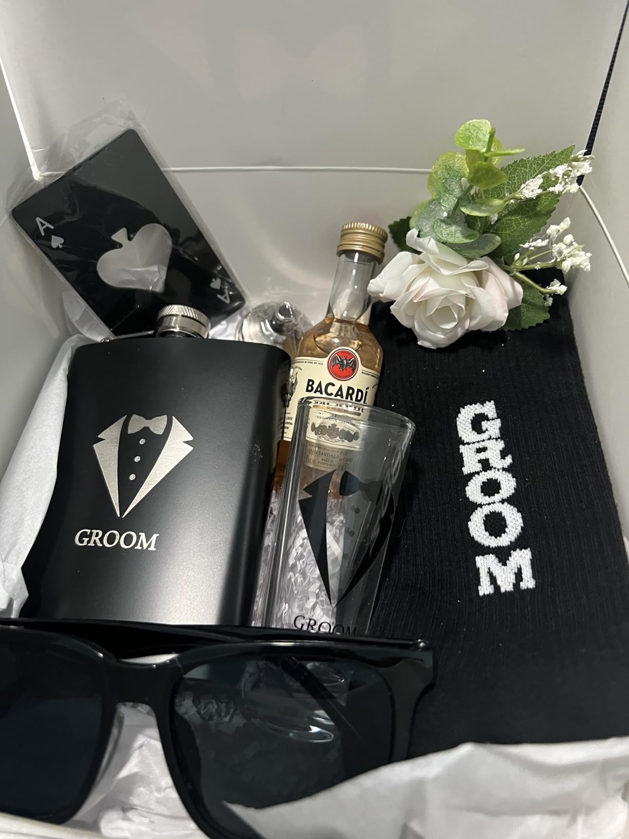 Leumoi 42 Pcs Groomsmen Gifts Box Set Groomsmen Box Stainless Steel Flask Shot Glasses Beer Bottle Poker Card Opener Sunglasses Socks Proposal Gift for Wedding Party - Customer Photo 4