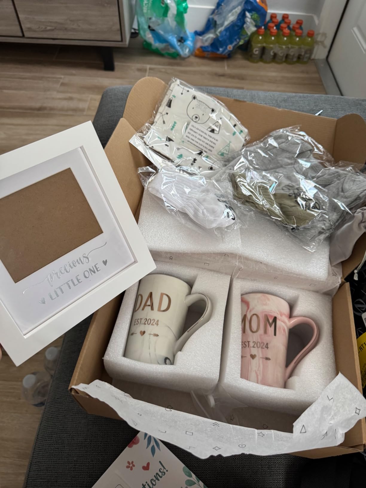 New Parents Gift Set Est 2025 Pregnancy Announcement Gifts for Couples-First Time New Mom Basket for Baby Shower Gender Reveal-Mom & Dad Mugs, Decision Coin, Baby Ultrasound Frame, Onesie, Bib, Socks - Customer Photo 1