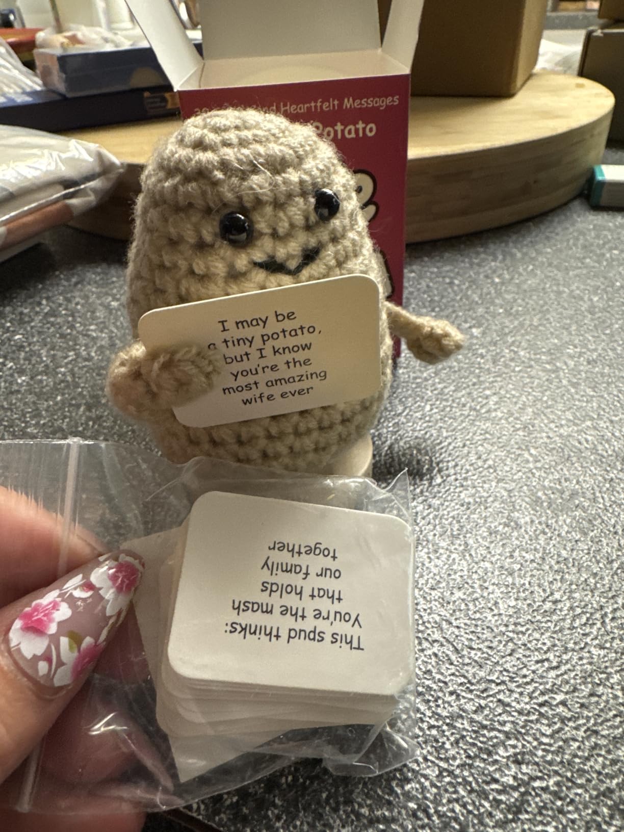 Romantic Gift for Women - Crochet Potato with 30 Cute Messages - Funny Gift for Her Birthday, Couples Anniversary Cards, Christmas Stocking Stuffers | Positive Crochet Present for Girlfriend or Wife - Customer Photo 2