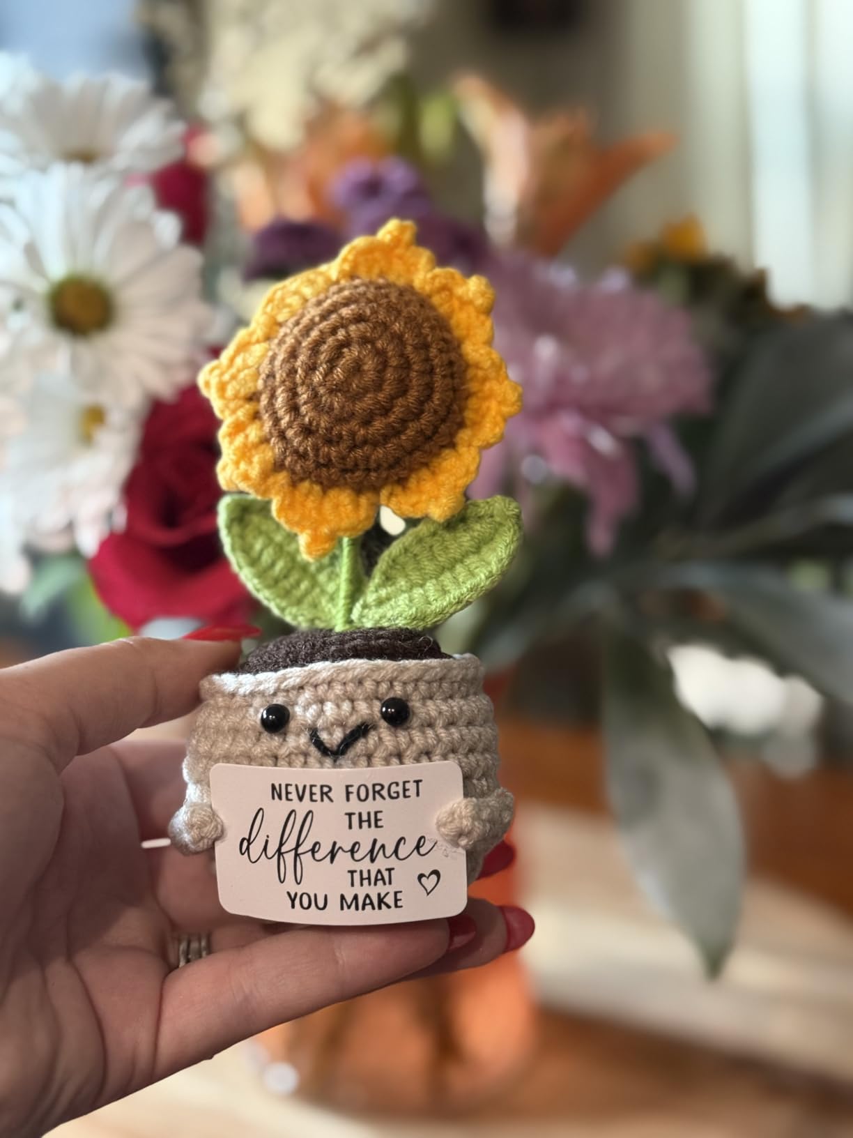 Mini Positive Crochet Sunflower, Cute Cheer Up Gifts for Women, Crochet Plant with Optimistic Card for Nurse Teacher Boss, Thank You Gifts for Friends, Coworker and Sunflower Decor Customer Review Mini Positive Crochet Sunflower, Cute Cheer Up Gifts for Women, Crochet Plant with Optimistic Card for Nurse Teacher Boss, Thank You Gifts for Friends, Coworker and Sunflower Decor - Customer Photo 3
